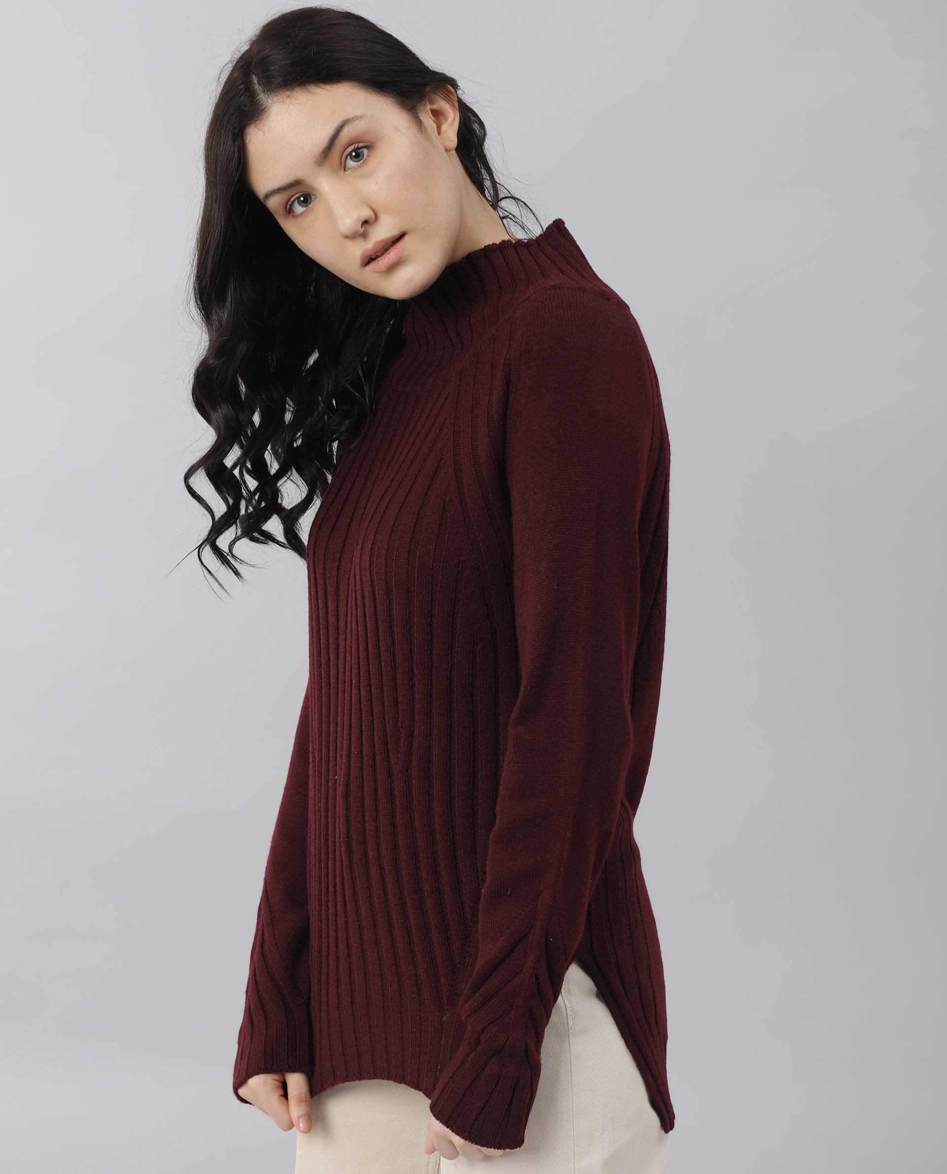 Rareism Women Halo Maroon Acrylic Fabric Full Sleeves Regular Fit Solid High Neck Sweater