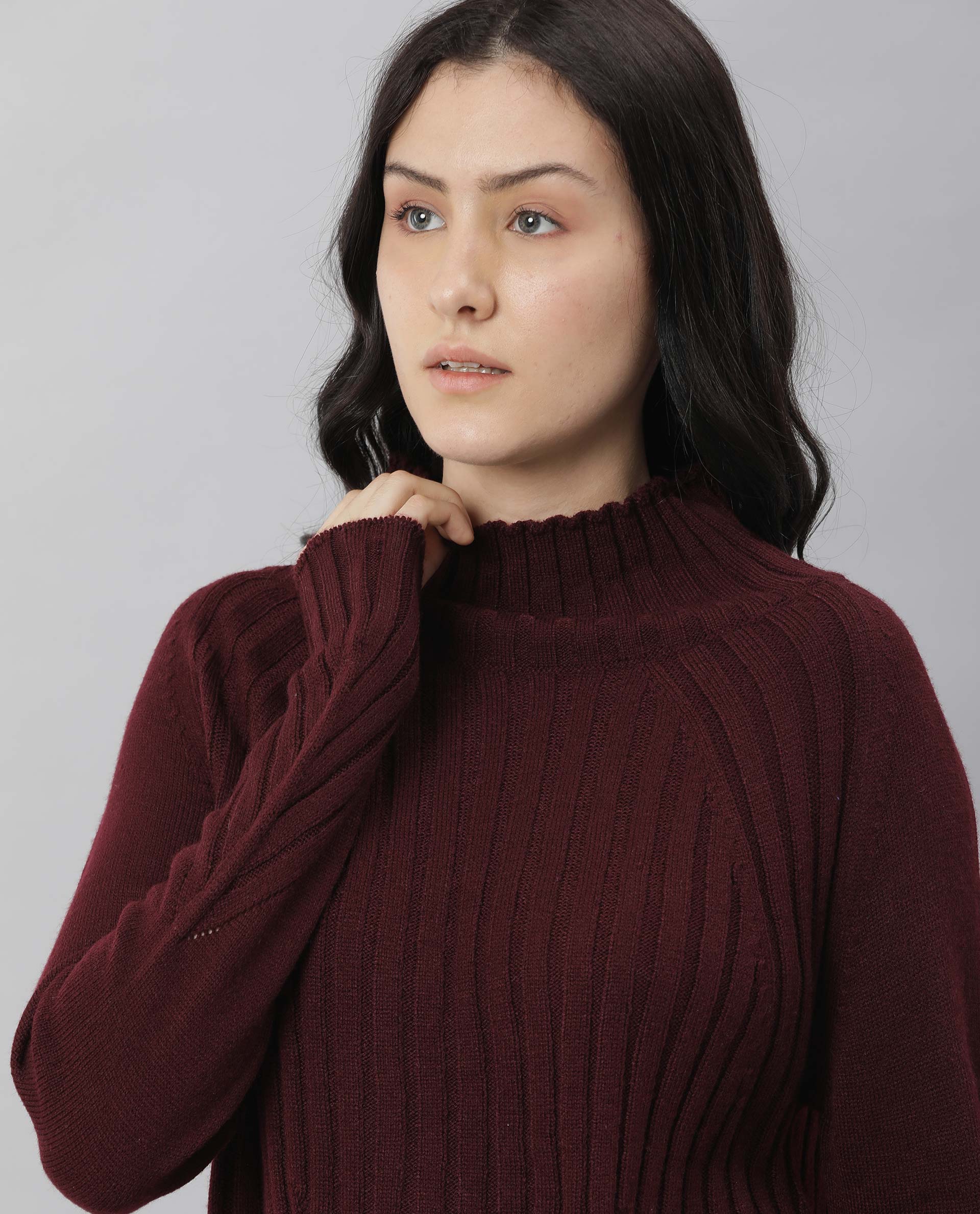 Rareism Women Halo Maroon Acrylic Fabric Full Sleeves Regular Fit Solid High Neck Sweater