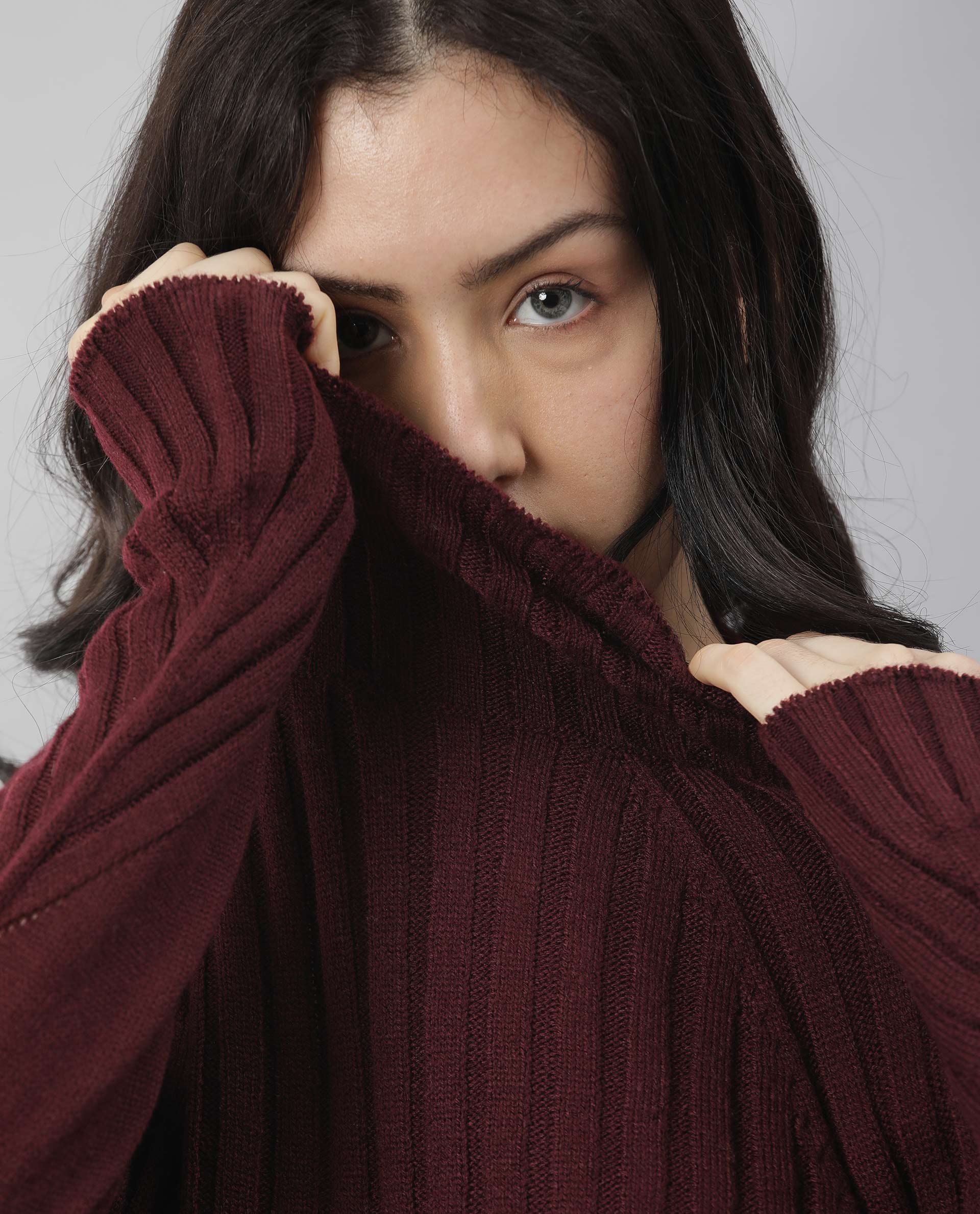 Rareism Women Halo Maroon Acrylic Fabric Full Sleeves Regular Fit Solid High Neck Sweater
