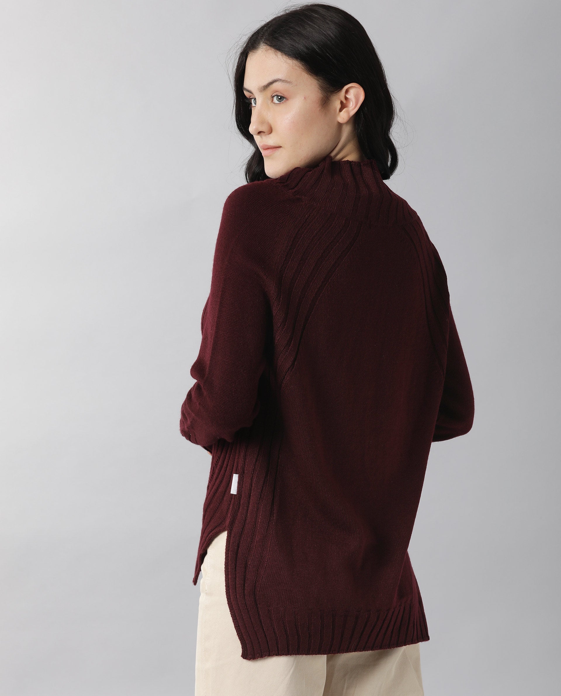 Rareism Women Halo Maroon Acrylic Fabric Full Sleeves Regular Fit Solid High Neck Sweater
