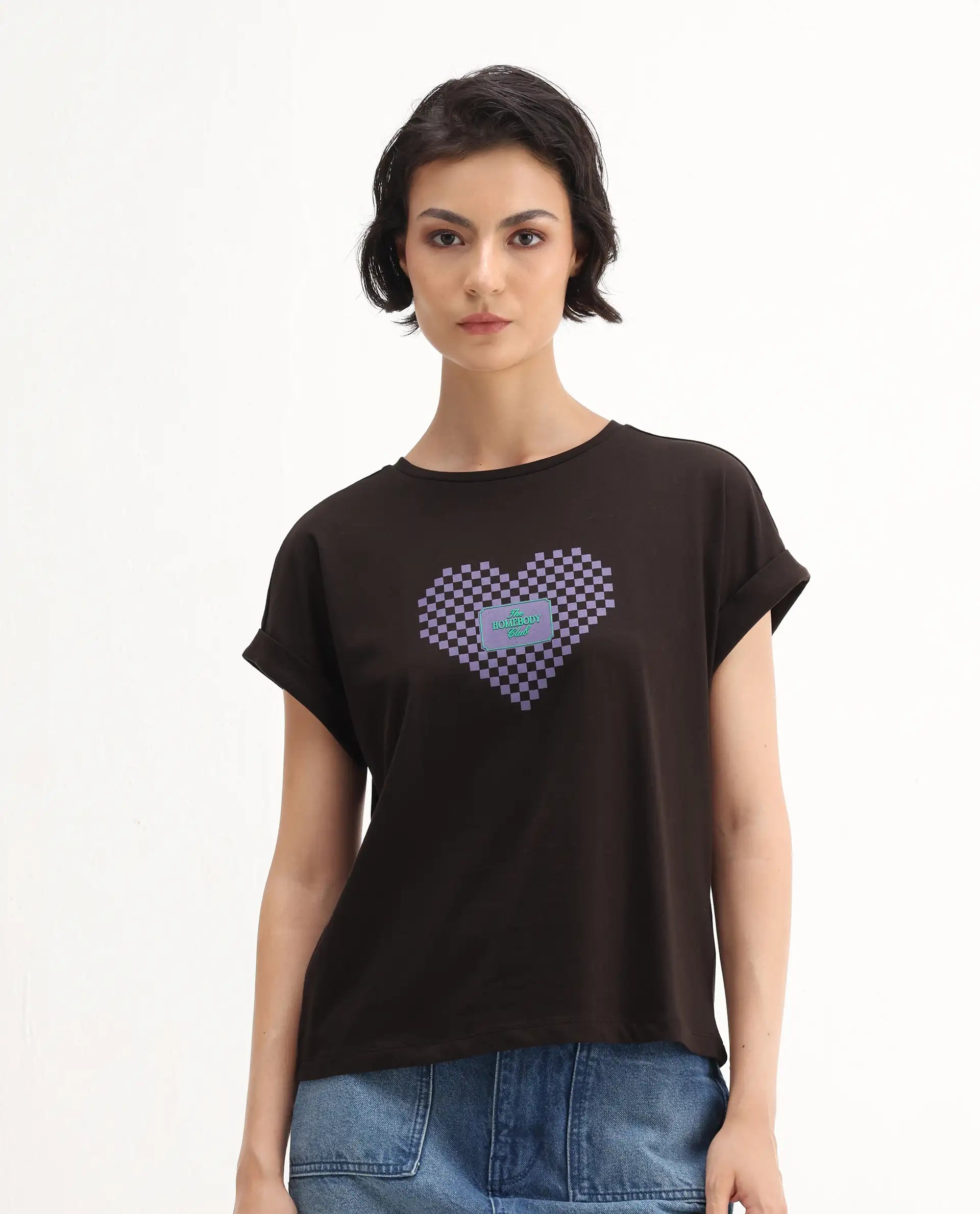 Rareism Women's Hamo Dark Brown Cotton Crew Neck Relaxed Fit T-Shirt