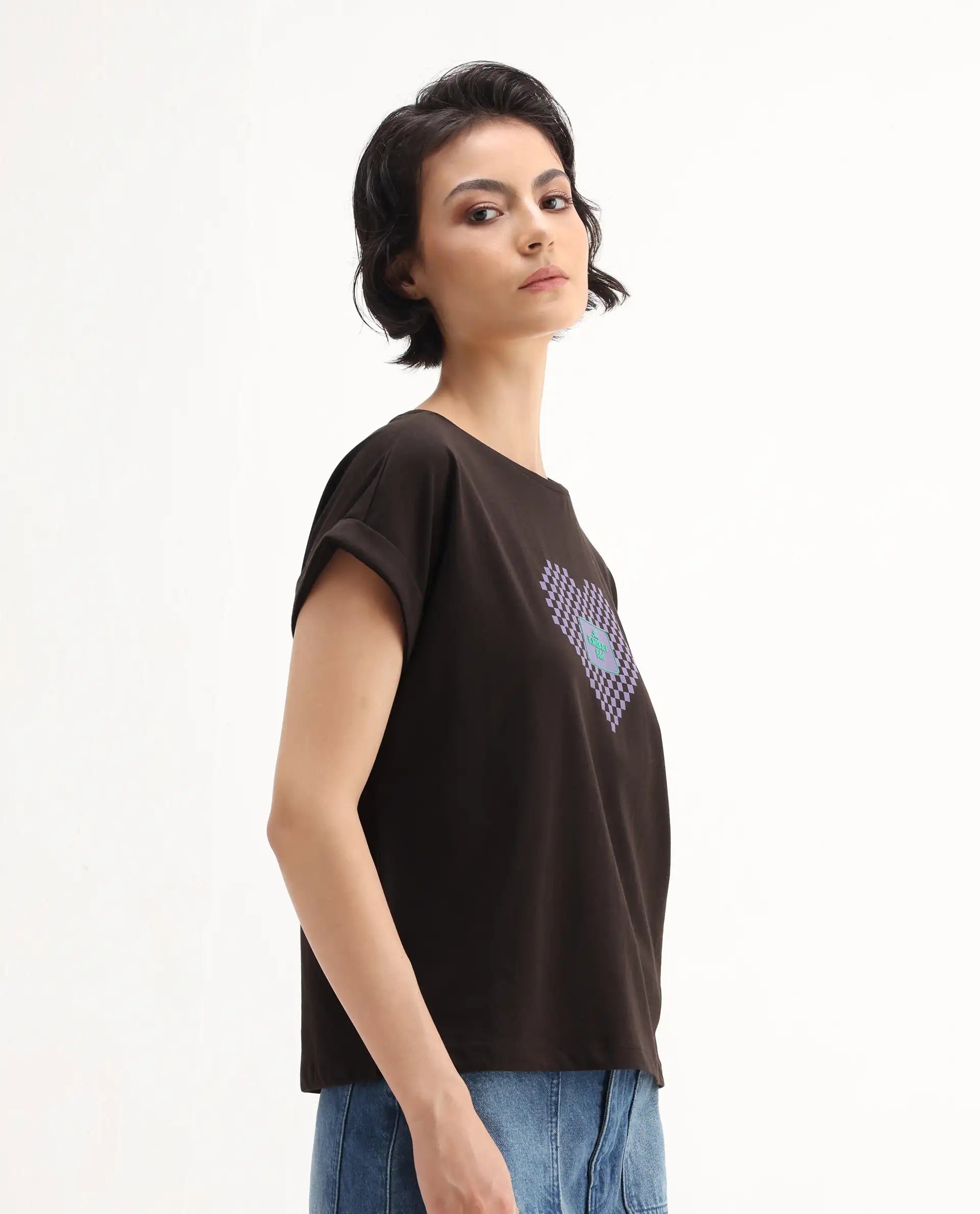 Rareism Women's Hamo Dark Brown Cotton Crew Neck Relaxed Fit T-Shirt