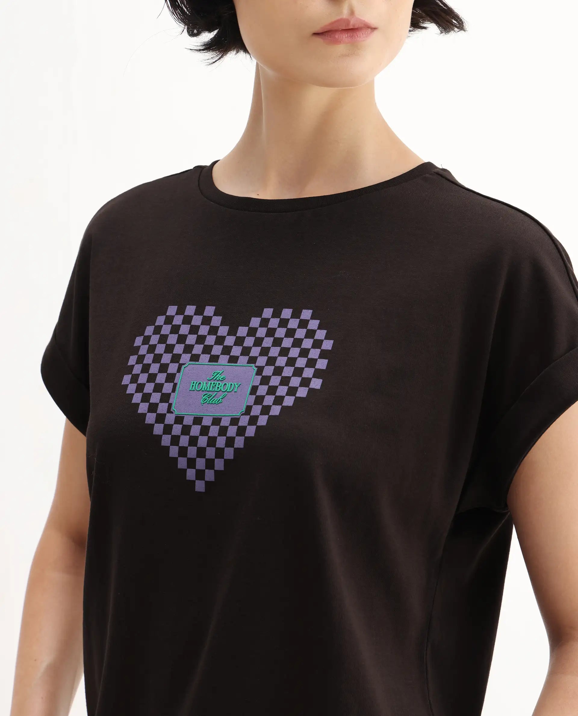 Rareism Women's Hamo Dark Brown Cotton Crew Neck Relaxed Fit T-Shirt