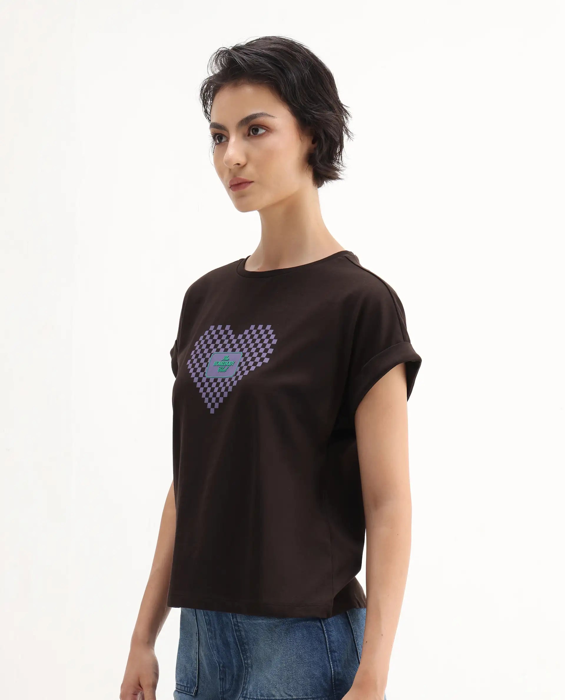 Rareism Women's Hamo Dark Brown Cotton Crew Neck Relaxed Fit T-Shirt