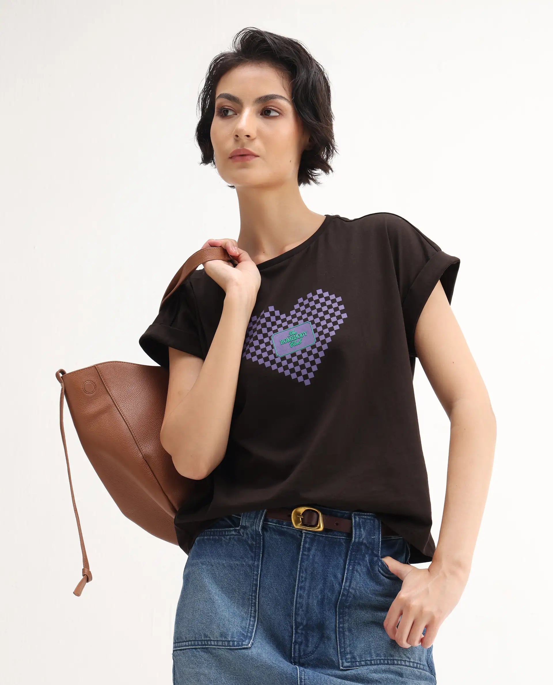 Rareism Women's Hamo Dark Brown Cotton Crew Neck Relaxed Fit T-Shirt