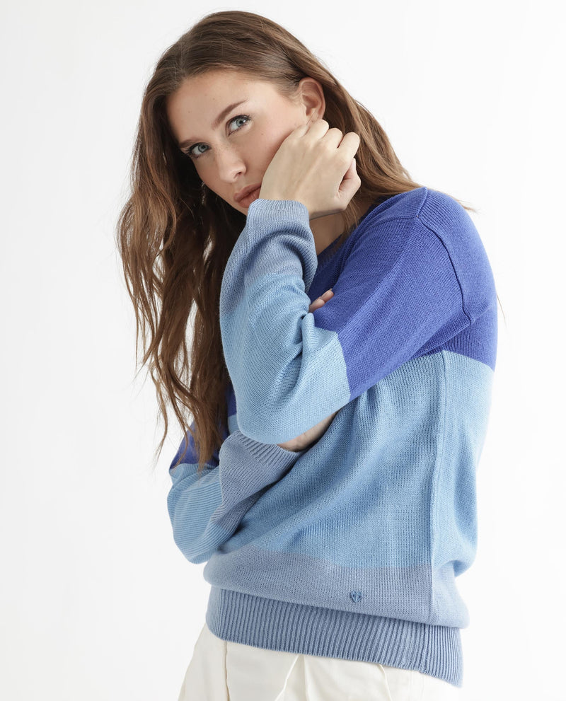 Rareism Women Hampshire Blue Acrylic Fabric Full Sleeves Round Neck Relaxed Fit Color Blocked Sweater