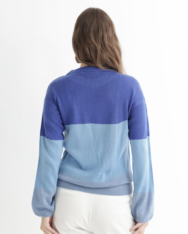 Rareism Women Hampshire Blue Acrylic Fabric Full Sleeves Round Neck Relaxed Fit Color Blocked Sweater