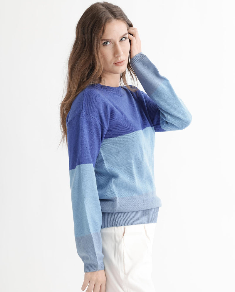 Rareism Women Hampshire Blue Acrylic Fabric Full Sleeves Round Neck Relaxed Fit Color Blocked Sweater