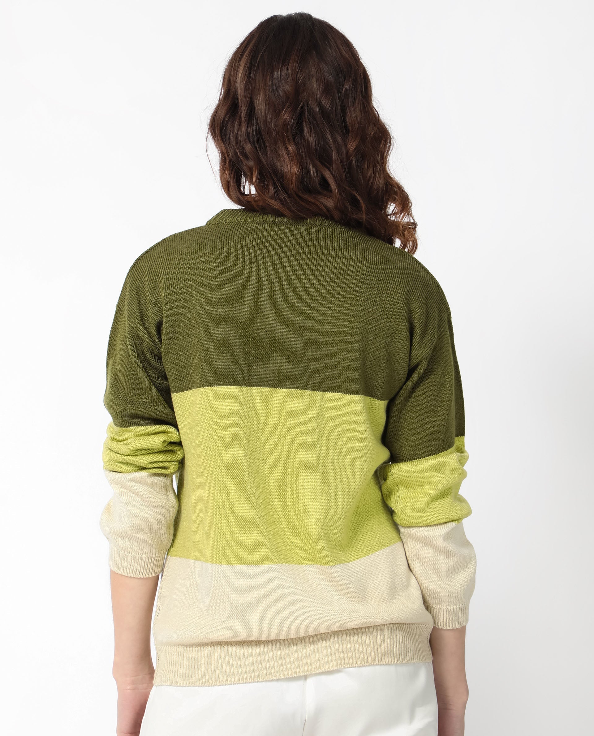 Rareism Women's Hampshire Olive Acrylic Crew Neck Color Block Relaxed Fit Sweater