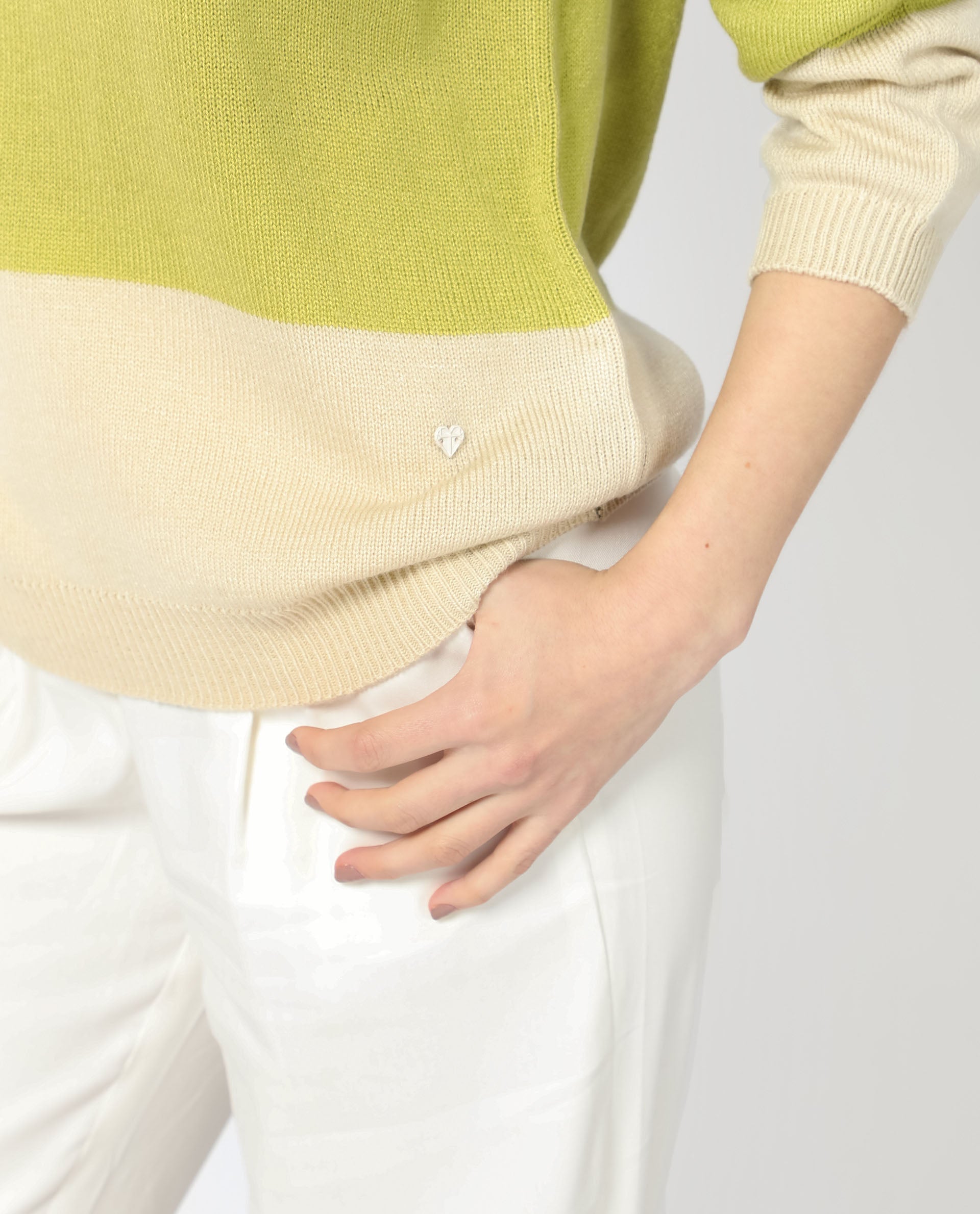 Rareism Women Hampshire Olive Acrylic Fabric Full Sleeves Relaxed Fit Color Blocked Round Neck Sweater