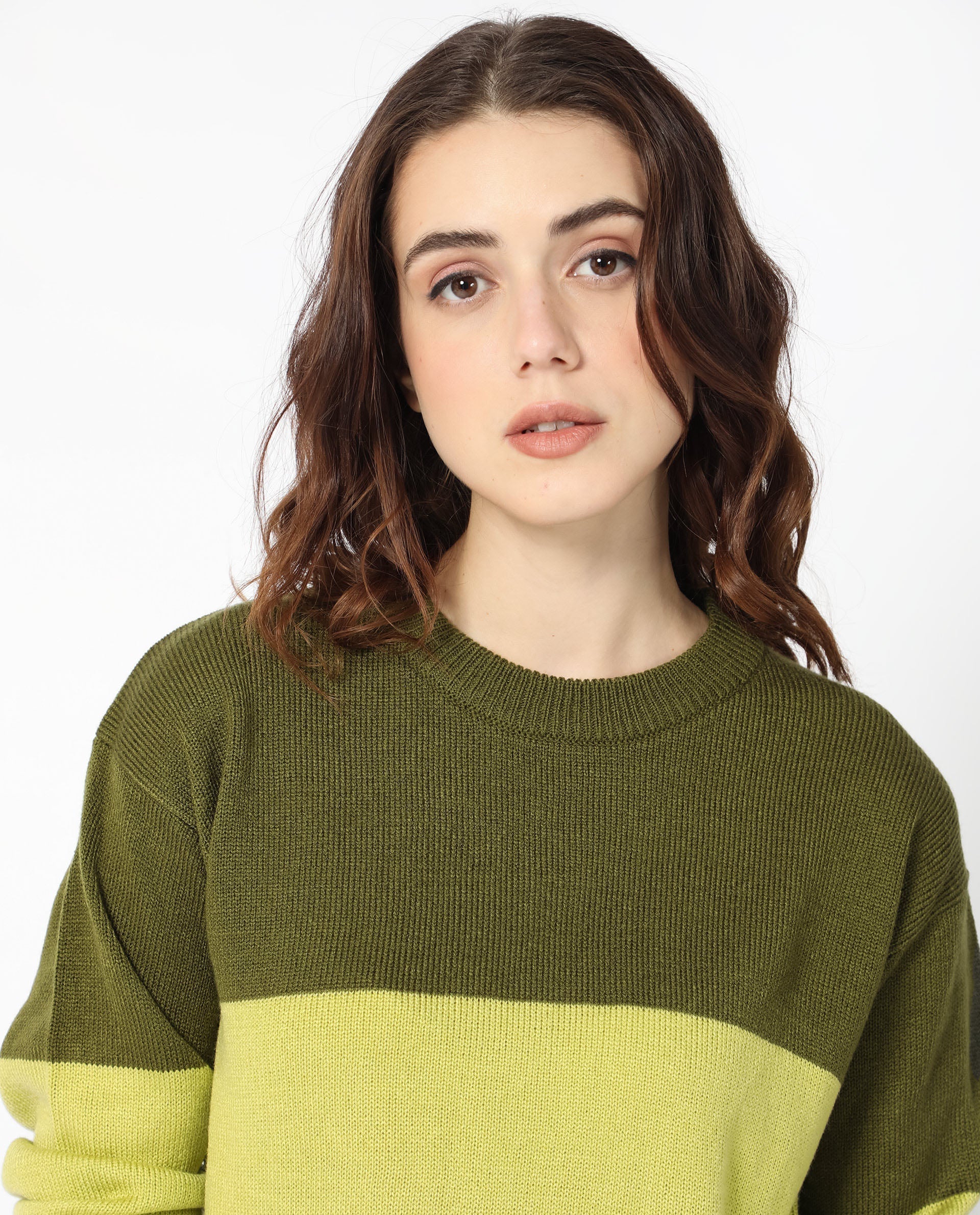 Rareism Women Hampshire Olive Acrylic Fabric Full Sleeves Relaxed Fit Color Blocked Round Neck Sweater
