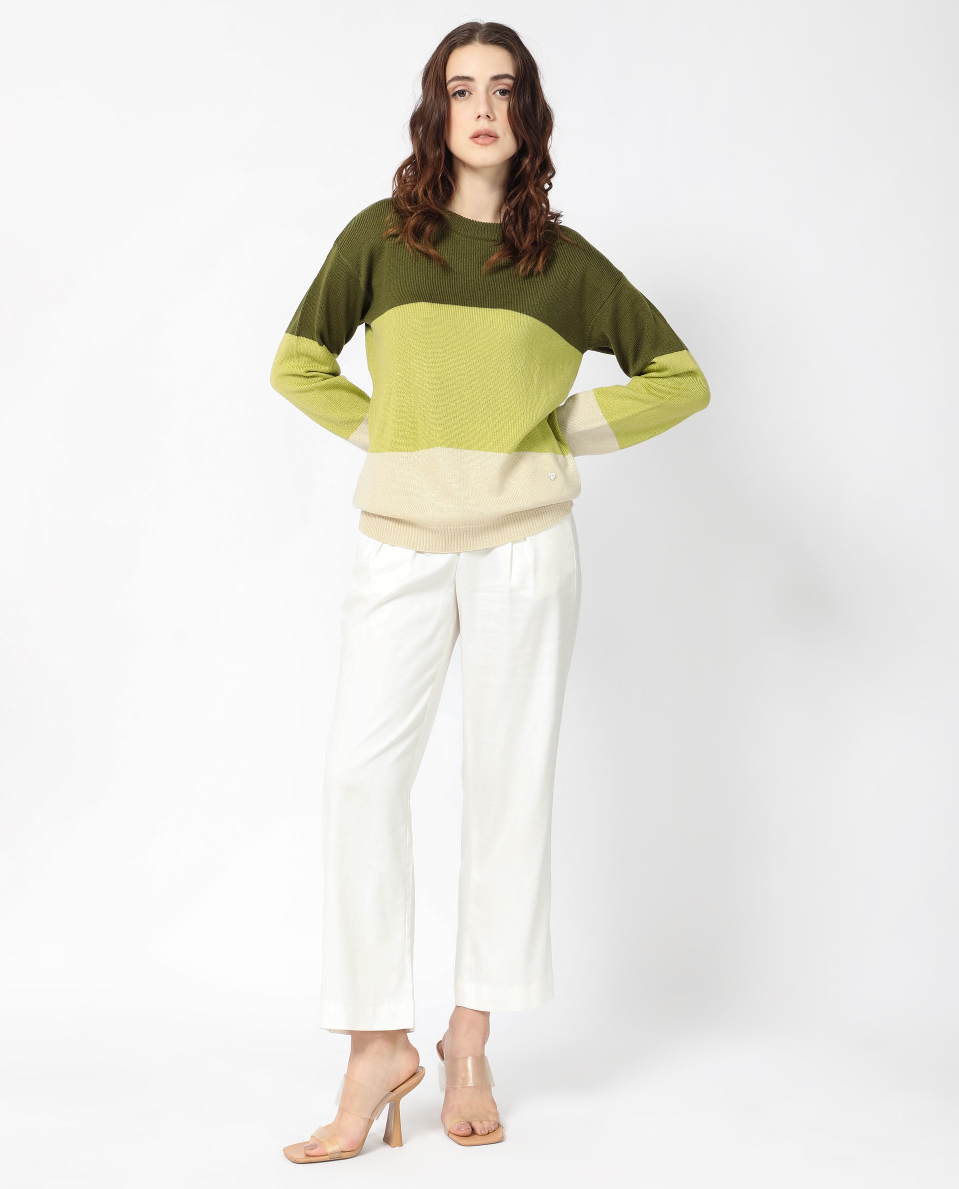 Rareism Women Hampshire Olive Acrylic Fabric Full Sleeves Relaxed Fit Color Blocked Round Neck Sweater