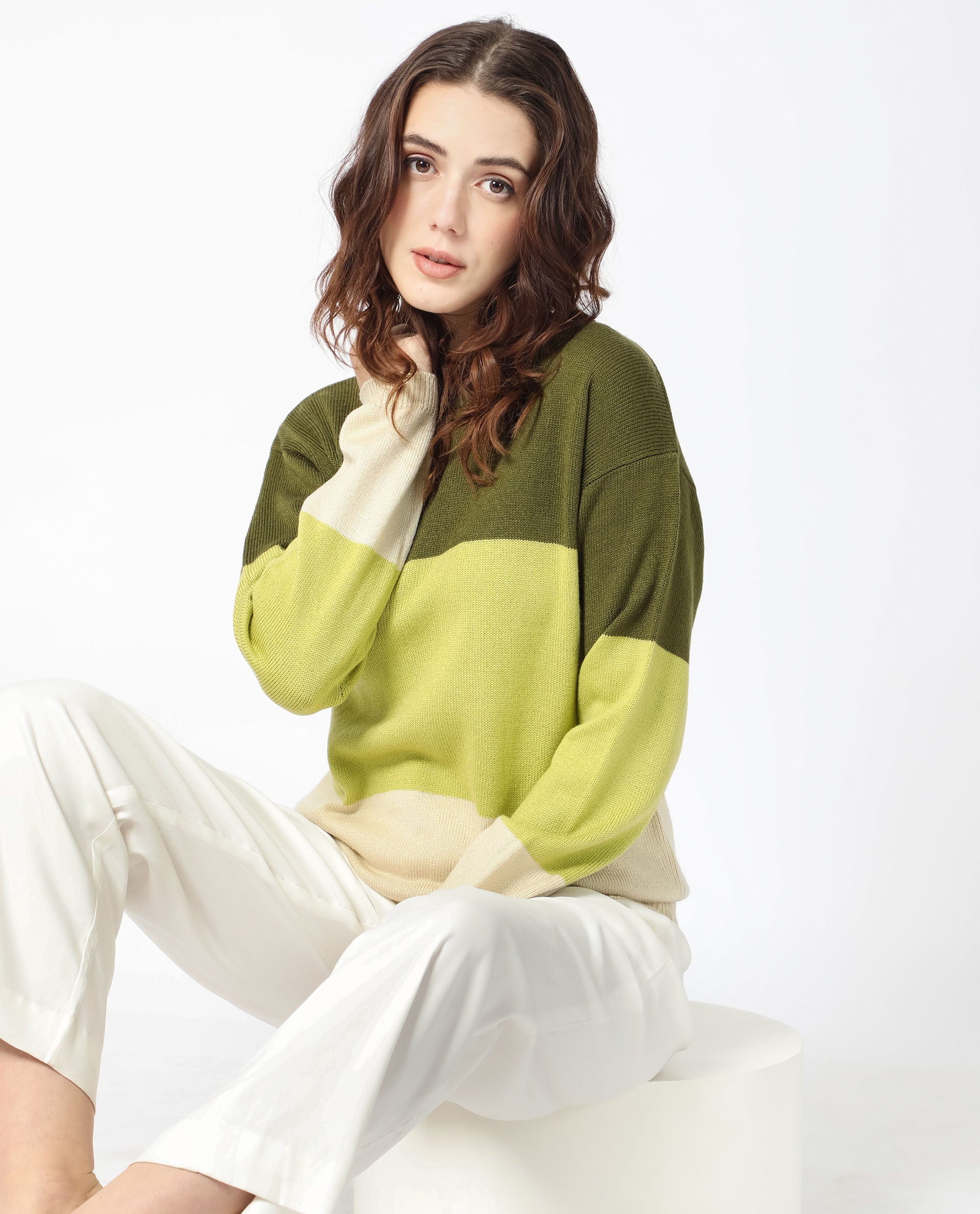 Rareism Women Hampshire Olive Acrylic Fabric Full Sleeves Relaxed Fit Color Blocked Round Neck Sweater