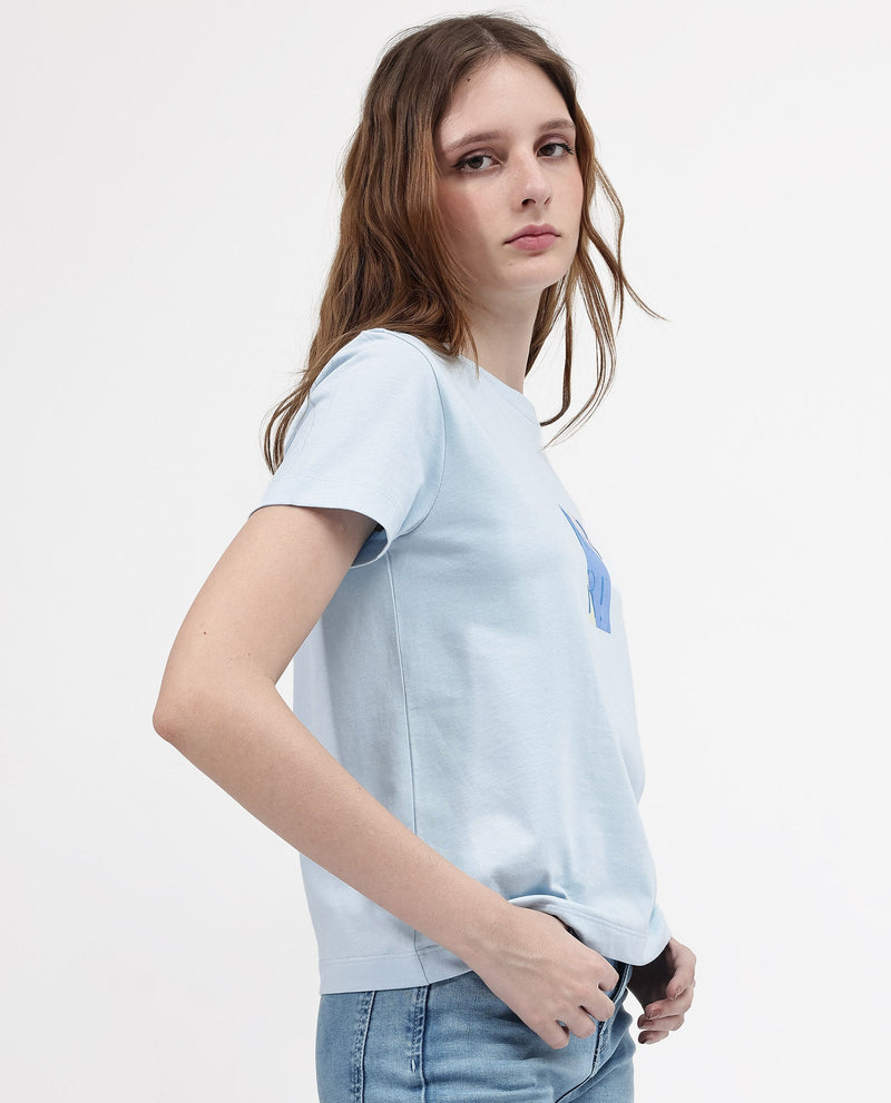 Rareism Women Hanna Light Blue Cotton Poly Fabric Short Sleeve Crew Neck Solid T-Shirt