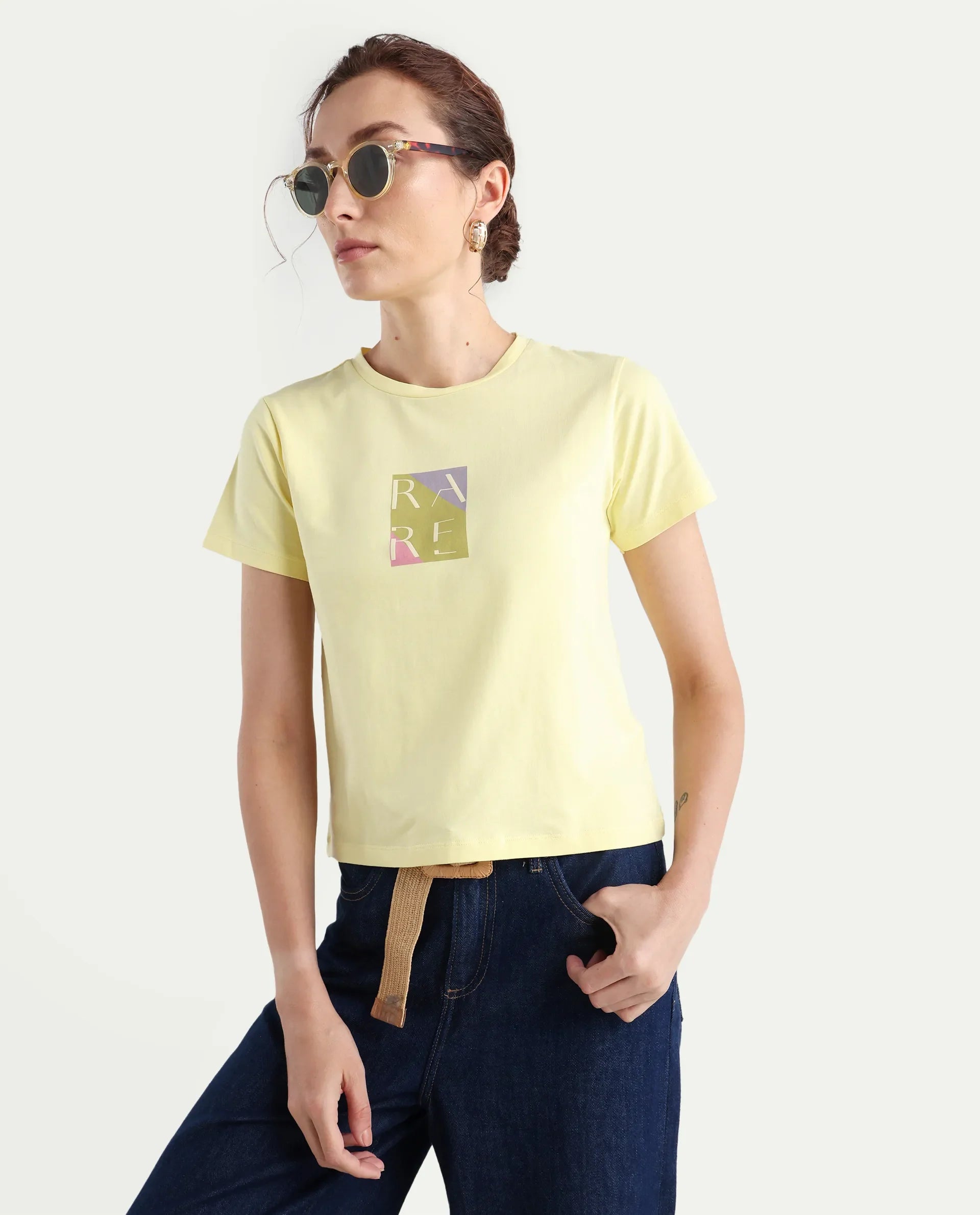 Rareism Women's Hanna 1 Yellow Cotton Blend Crew Neck Plain Regular Fit T-Shirt