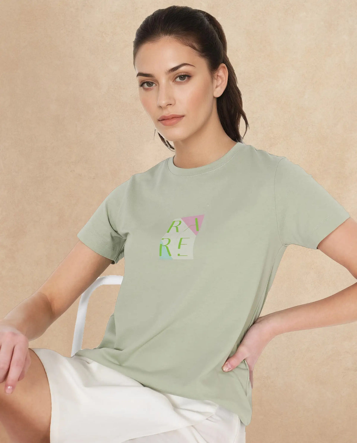 Rareism Women's Hanna Pastel Green Cotton Blend Crew Neck Graphic Print Regular Fit T-Shirt