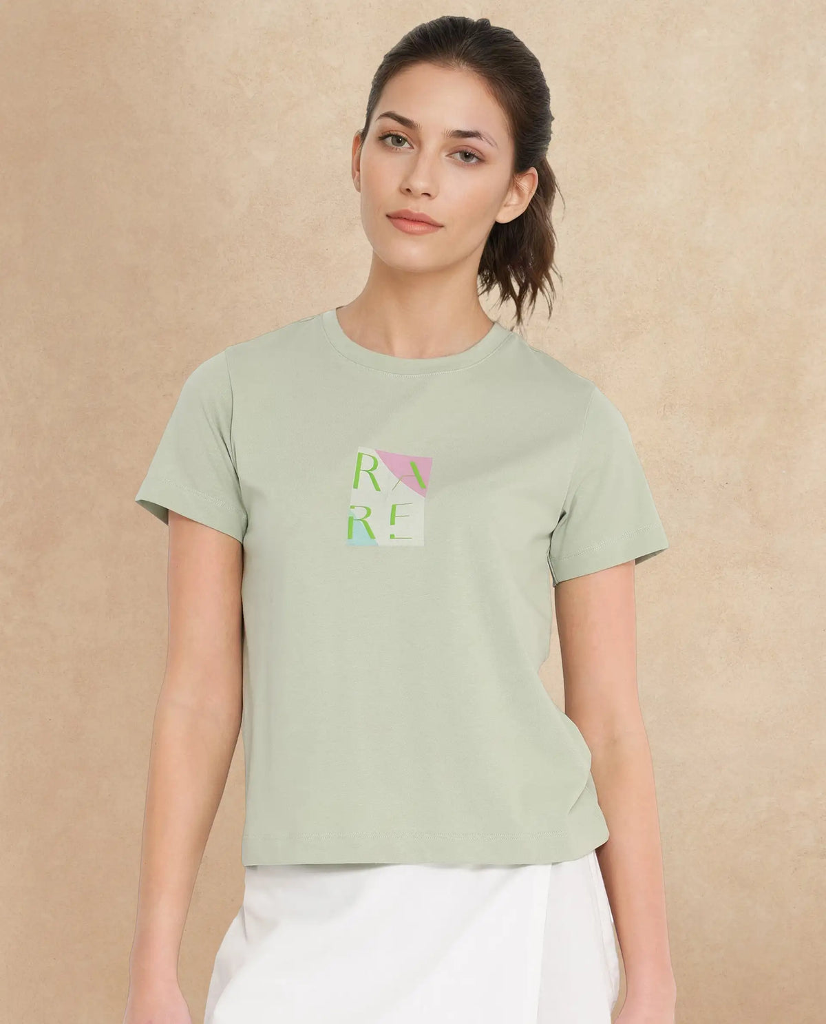 Rareism Women's Hanna Pastel Green Cotton Blend Crew Neck Graphic Print Regular Fit T-Shirt