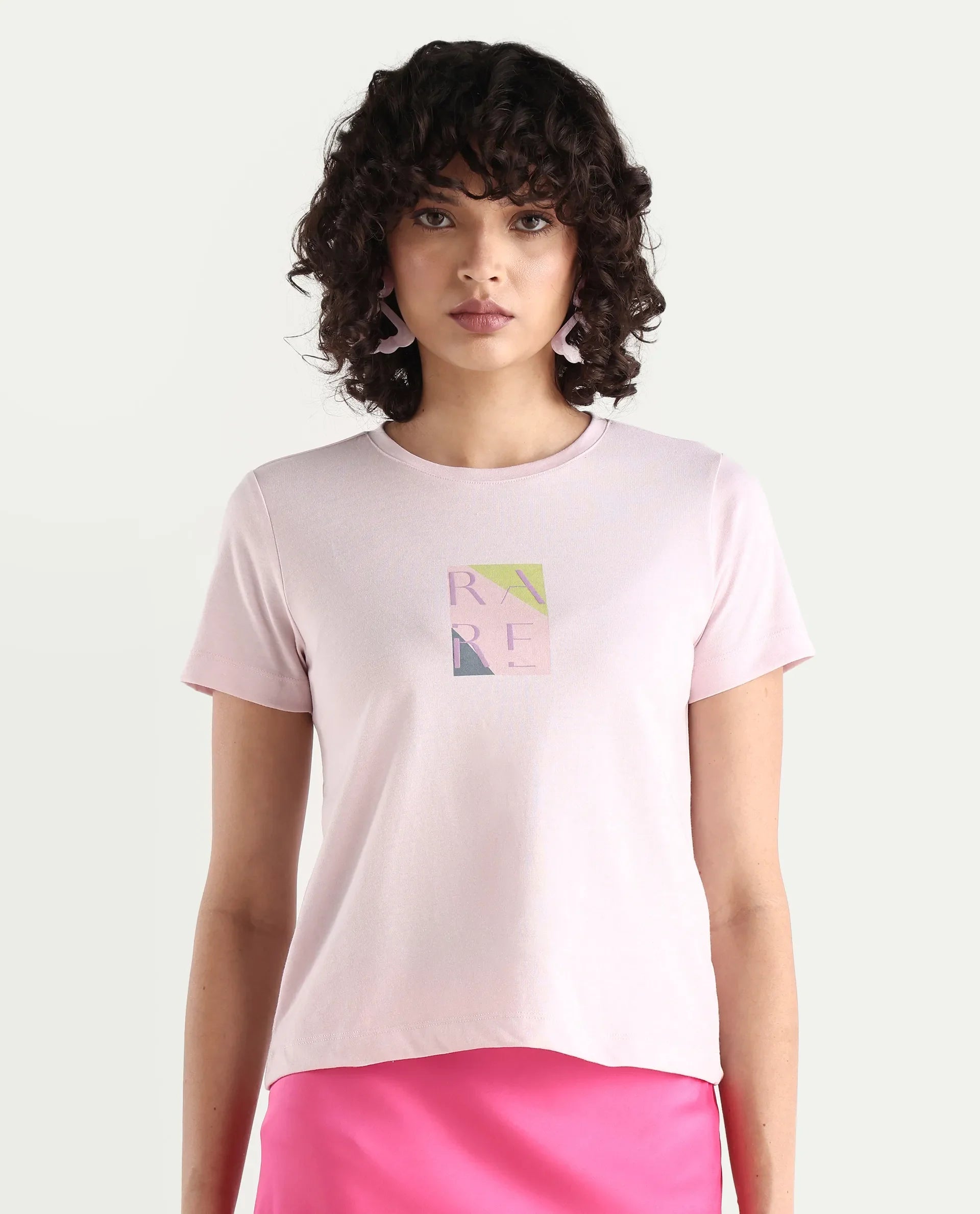 Rareism Women's Hanna Pastel Pink Cotton Blend Crew Neck Graphic Print Regular Fit T-Shirt