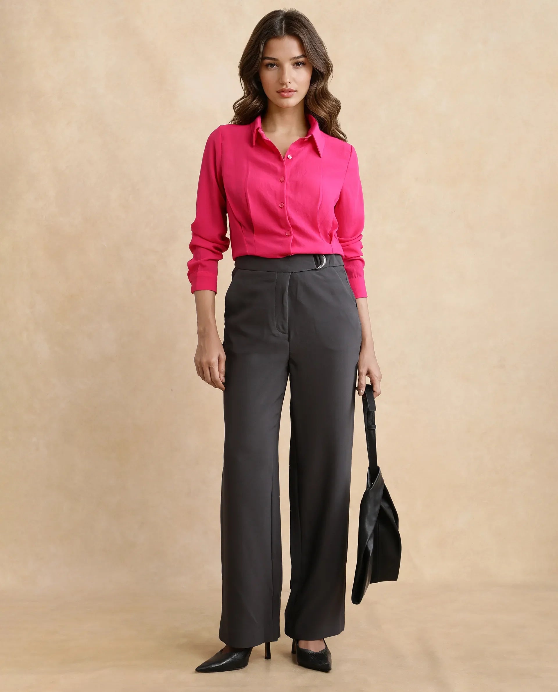 Rareism Women's Hanne Grey Cotton Blend Plain Ankle Length Straight Fit Trouser