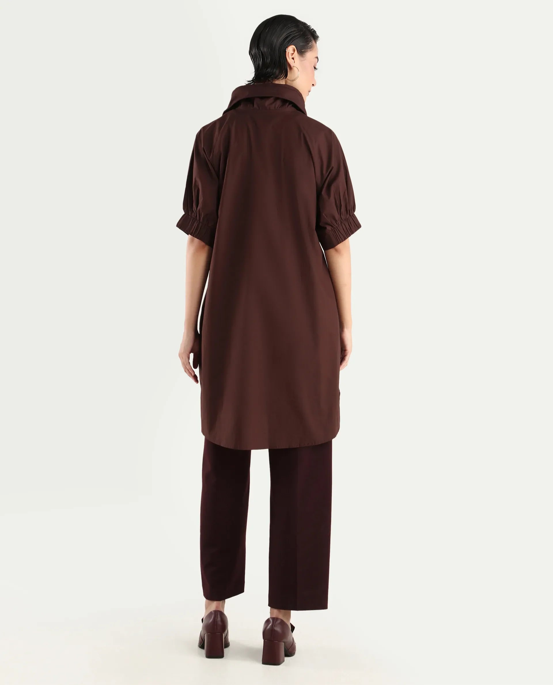 Rareism Women's Hanoi Dark Brown Cotton Hooded Plain Raglan Sleeve Knee Length Boxy Fit Jacket