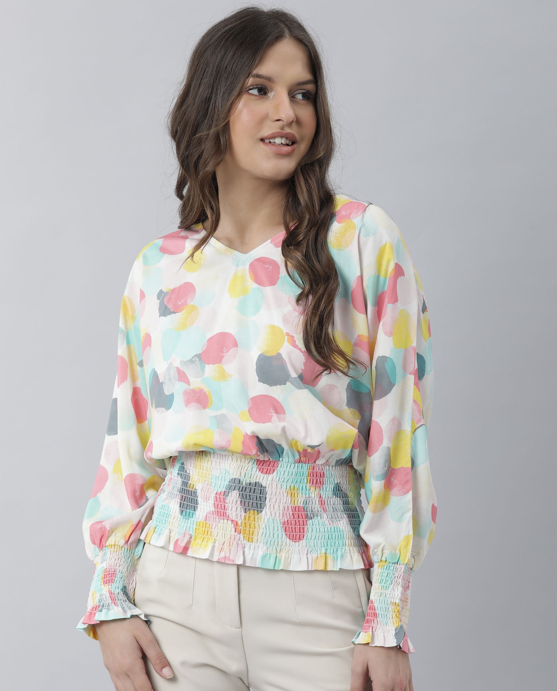 Rareism Womens Hanson Pink Top Viscose Fabric Regular Fit Full Sleeve V Neck