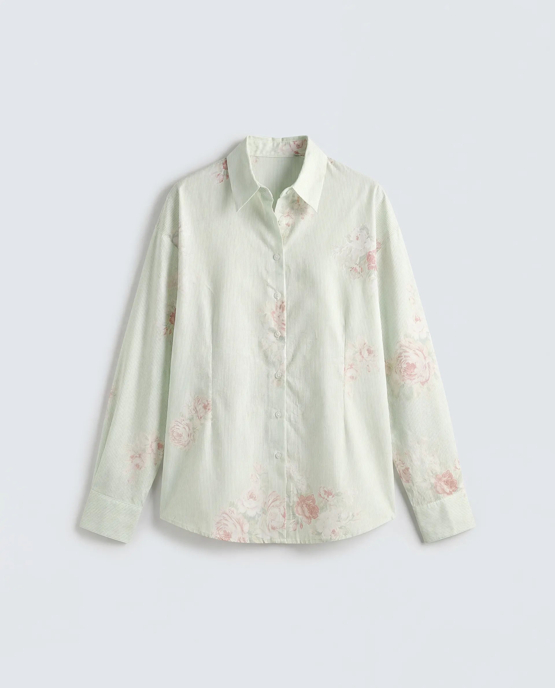 Rareism Women's Horu Light Green Cotton Full Sleeve Spread Collar Button Oversized Floral Print Shirt Oversize