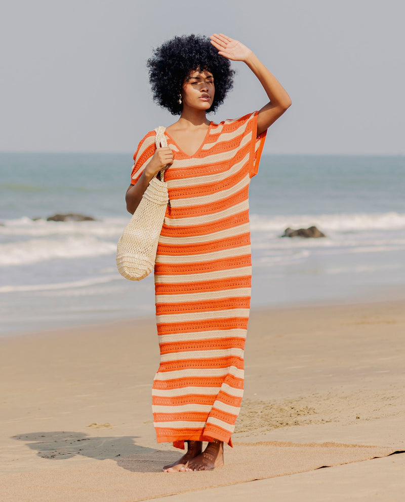 Rareism Women Haraya Orange Cotton Fabric Short Sleeves V-Neck Extended Sleeve Relaxed Fit Striped Midi Dress