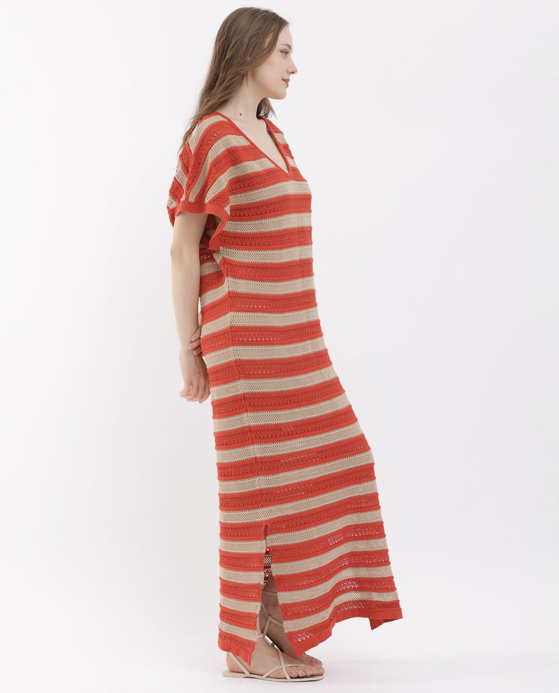 Rareism Women Haraya Orange Cotton Fabric Short Sleeves V-Neck Extended Sleeve Relaxed Fit Striped Midi Dress