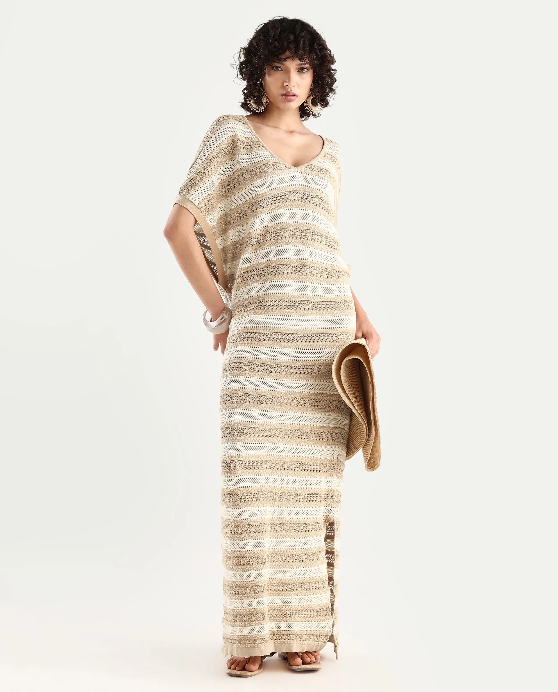 Rareism Women's Haraya Beige Cotton V-Neck Striped Extended Sleeves Ma