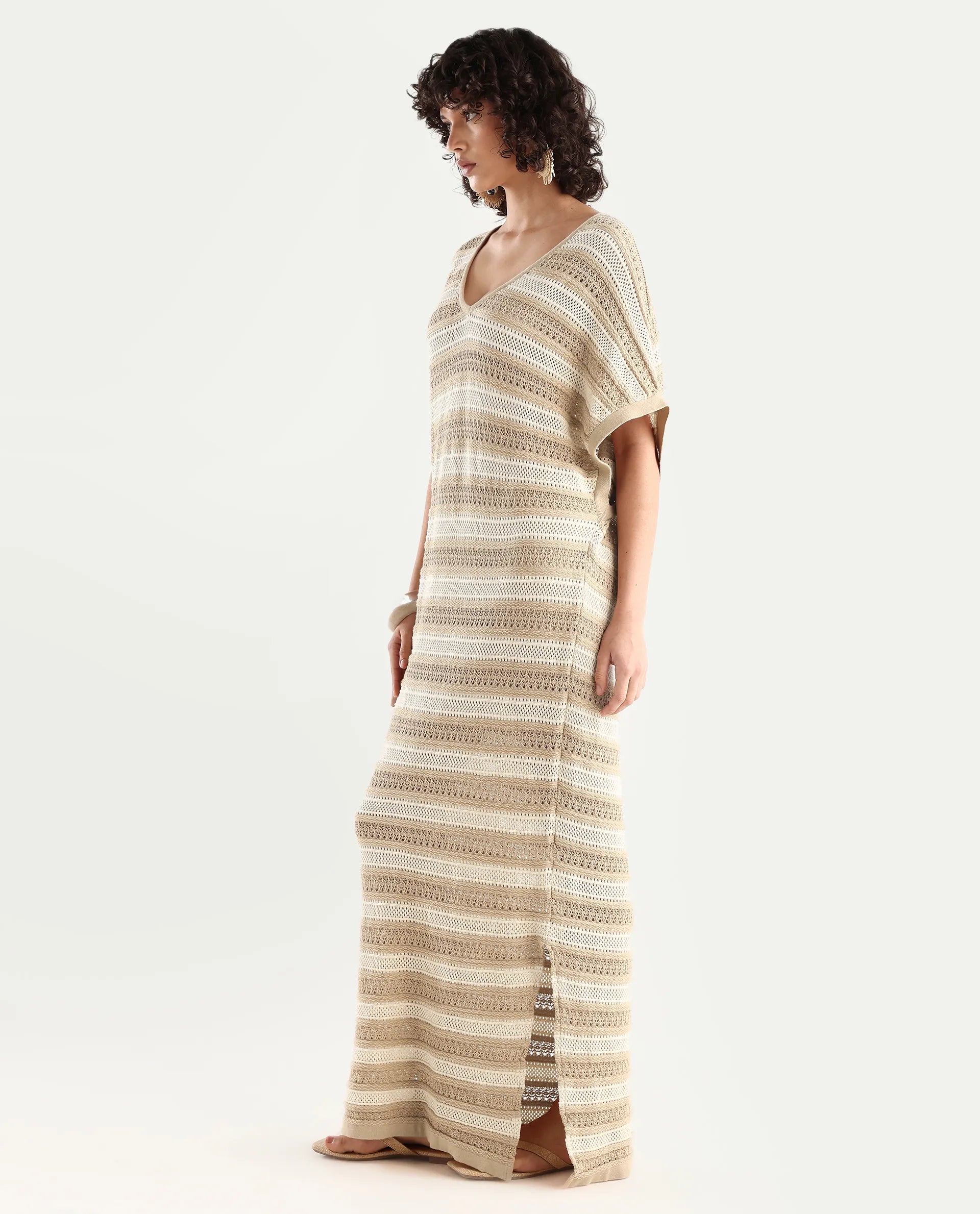 Rareism Women's Haraya Beige Cotton V-Neck Striped Extended Sleeves Maxi Relaxed Fit Dress