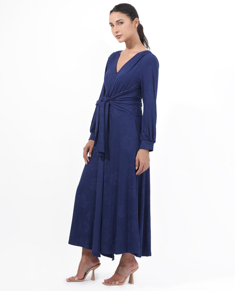 Rareism Women Harpa Navy Polyester Fabric Full Sleeves Tie-Up Closure V-Neck Bishop Sleeve Regular Fit Plain Maxi A-Line Dress