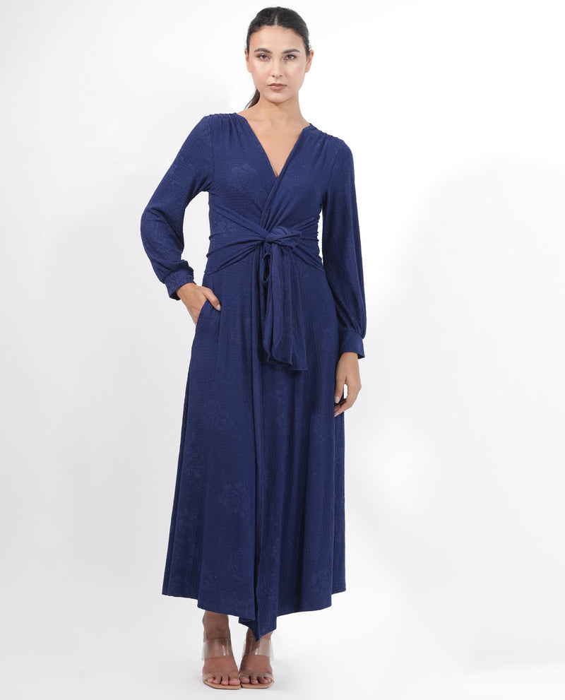 Rareism Women Harpa Navy Polyester Fabric Full Sleeves Tie-Up Closure V-Neck Bishop Sleeve Regular Fit Plain Maxi A-Line Dress