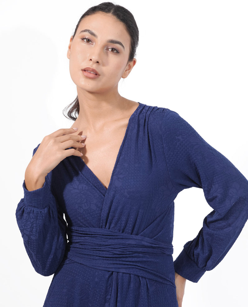 Rareism Women Harpa Navy Polyester Fabric Full Sleeves Tie-Up Closure V-Neck Bishop Sleeve Regular Fit Plain Maxi A-Line Dress