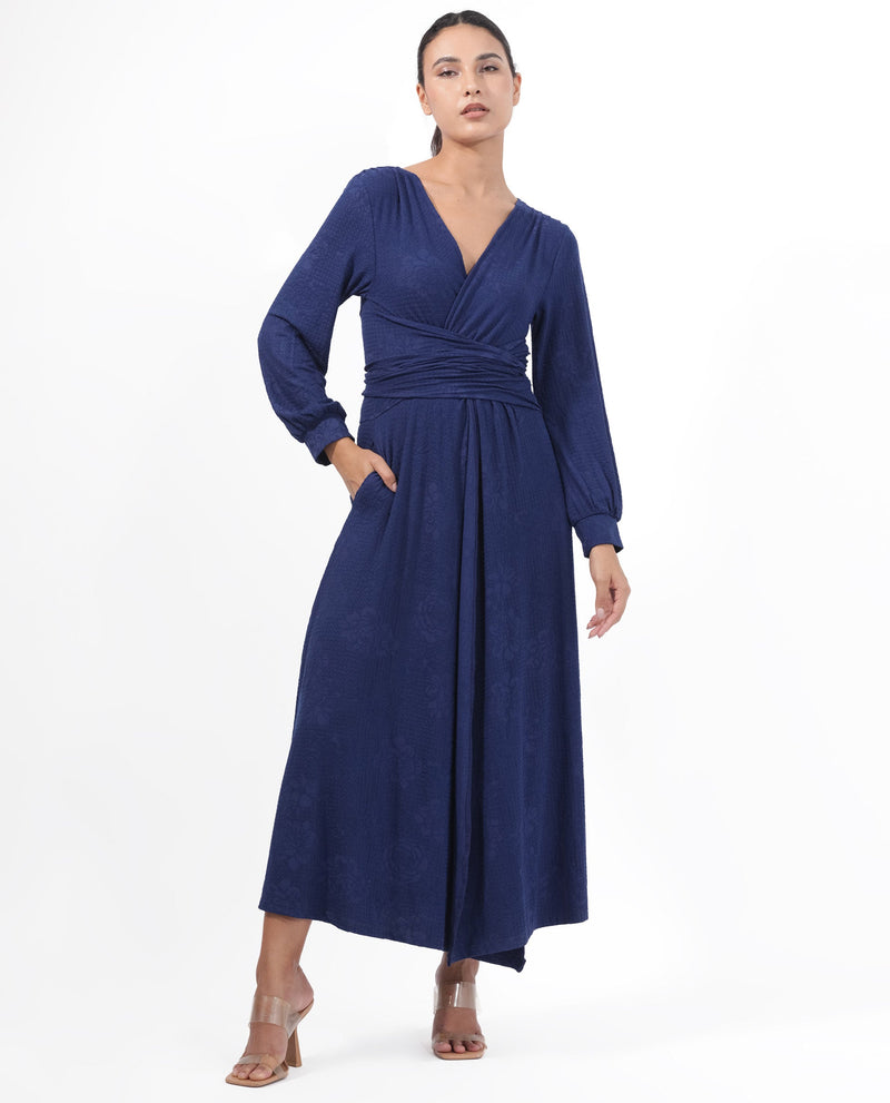 Rareism Women Harpa Navy Polyester Fabric Full Sleeves Tie-Up Closure V-Neck Bishop Sleeve Regular Fit Plain Maxi A-Line Dress