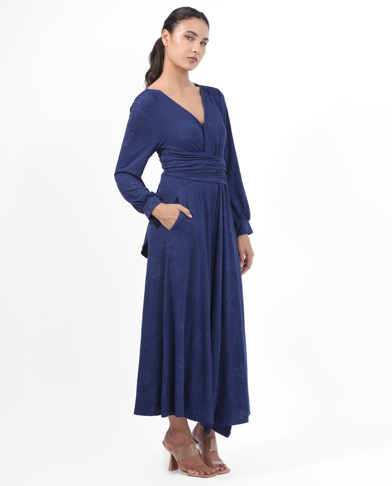 Rareism Women Harpa Navy Polyester Fabric Full Sleeves Tie-Up Closure V-Neck Bishop Sleeve Regular Fit Plain Maxi A-Line Dress