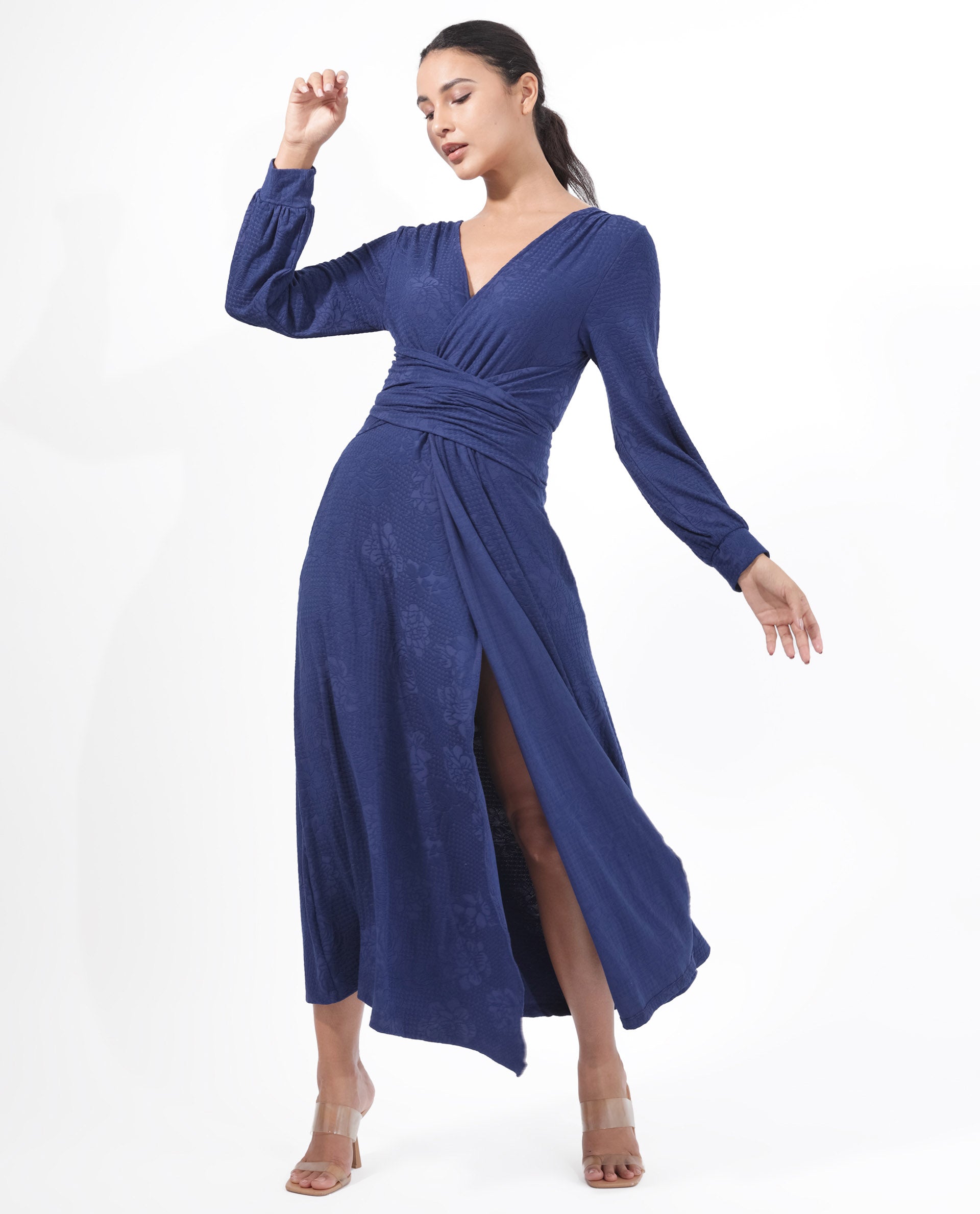 Rareism Women's Harpa Navy Polyester Fabric Full Sleeves Tie-Up Closure  V-Neck Bishop Sleeve Regular Fit Plain Maxi A-Line Dress(XXS)