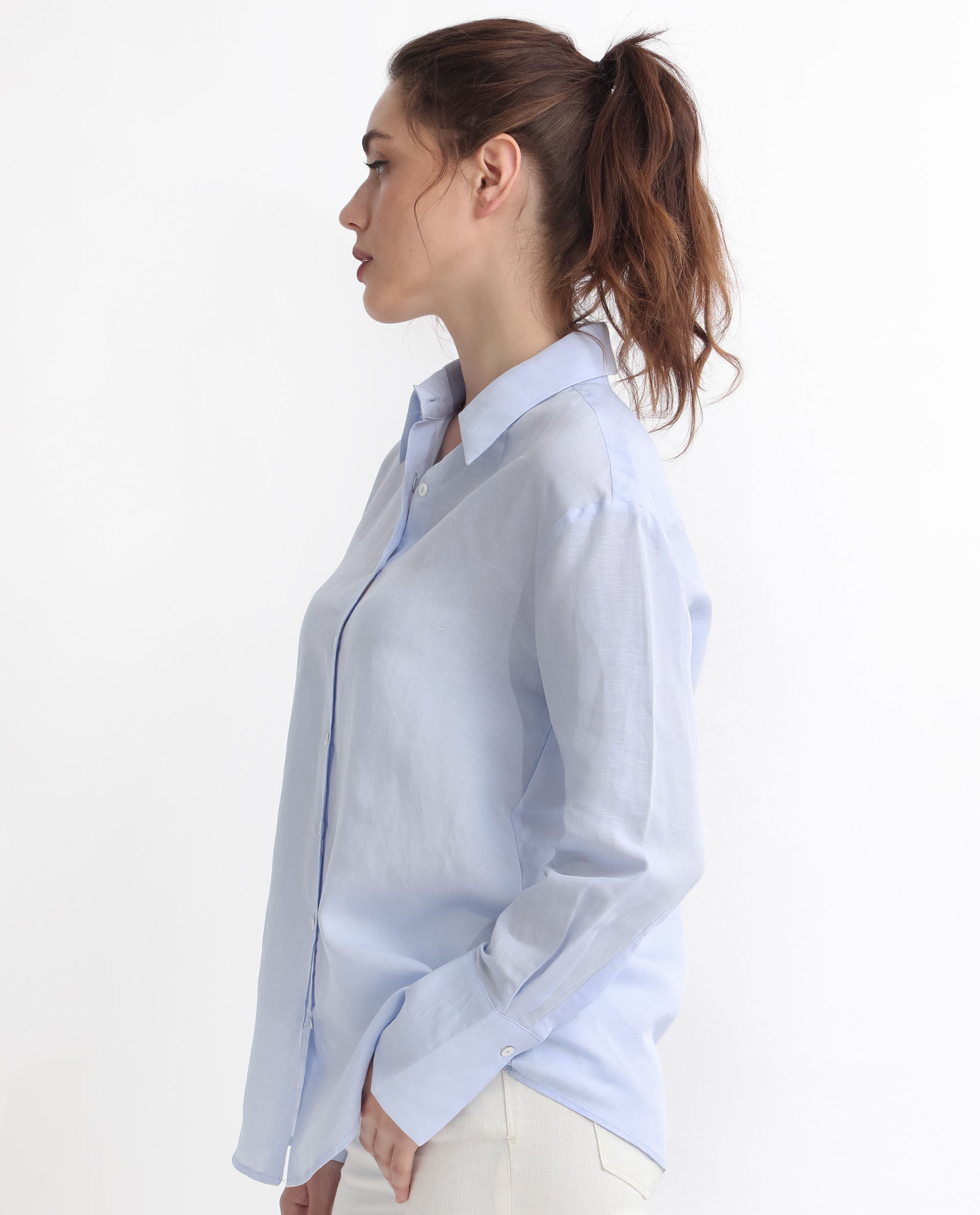 Rareism Women Harper Pastel Blue Modal Fabric Regular Sleeve Shirt Collar Solid Shirt