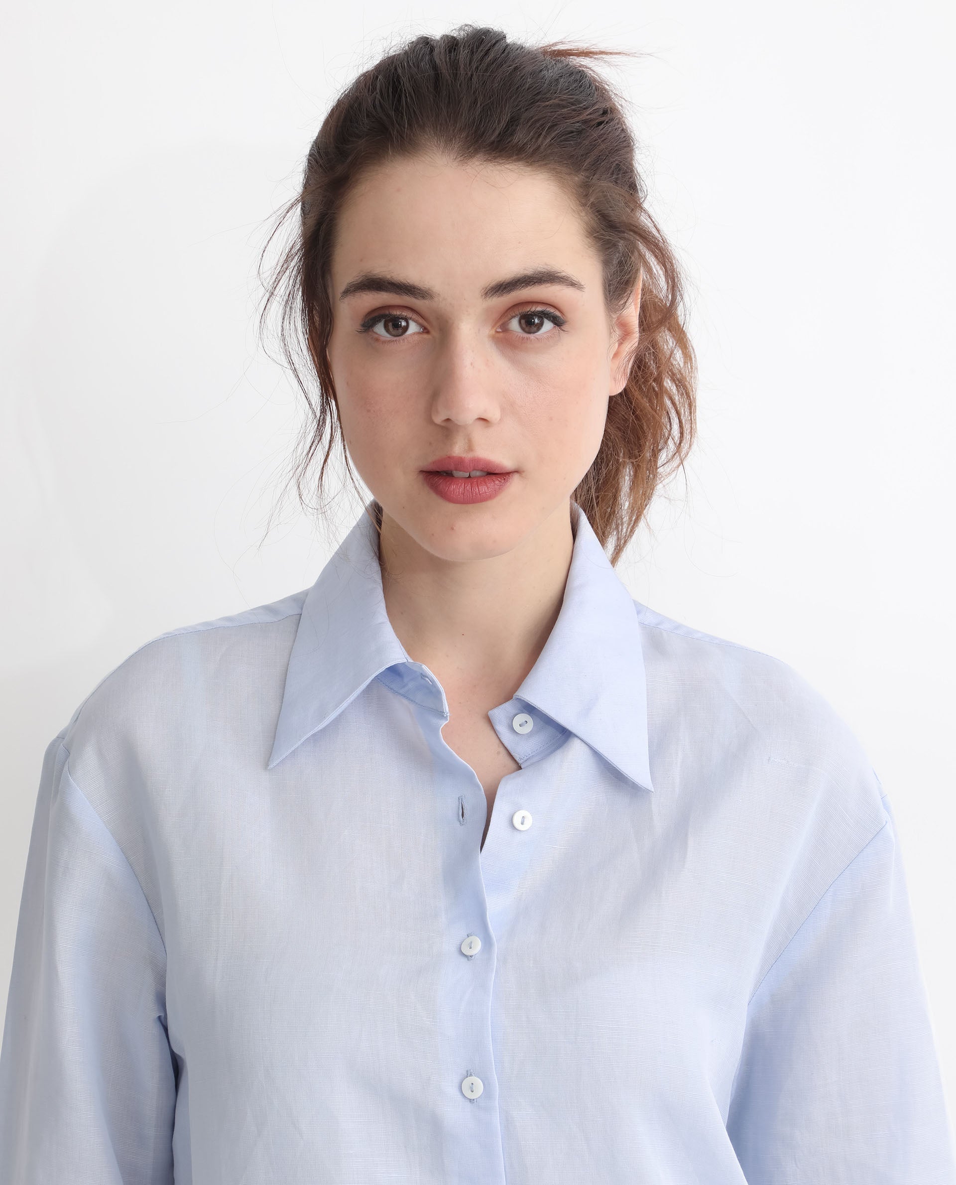 Rareism Women Harper Pastel Blue Modal Fabric Regular Sleeve Shirt Collar Solid Shirt