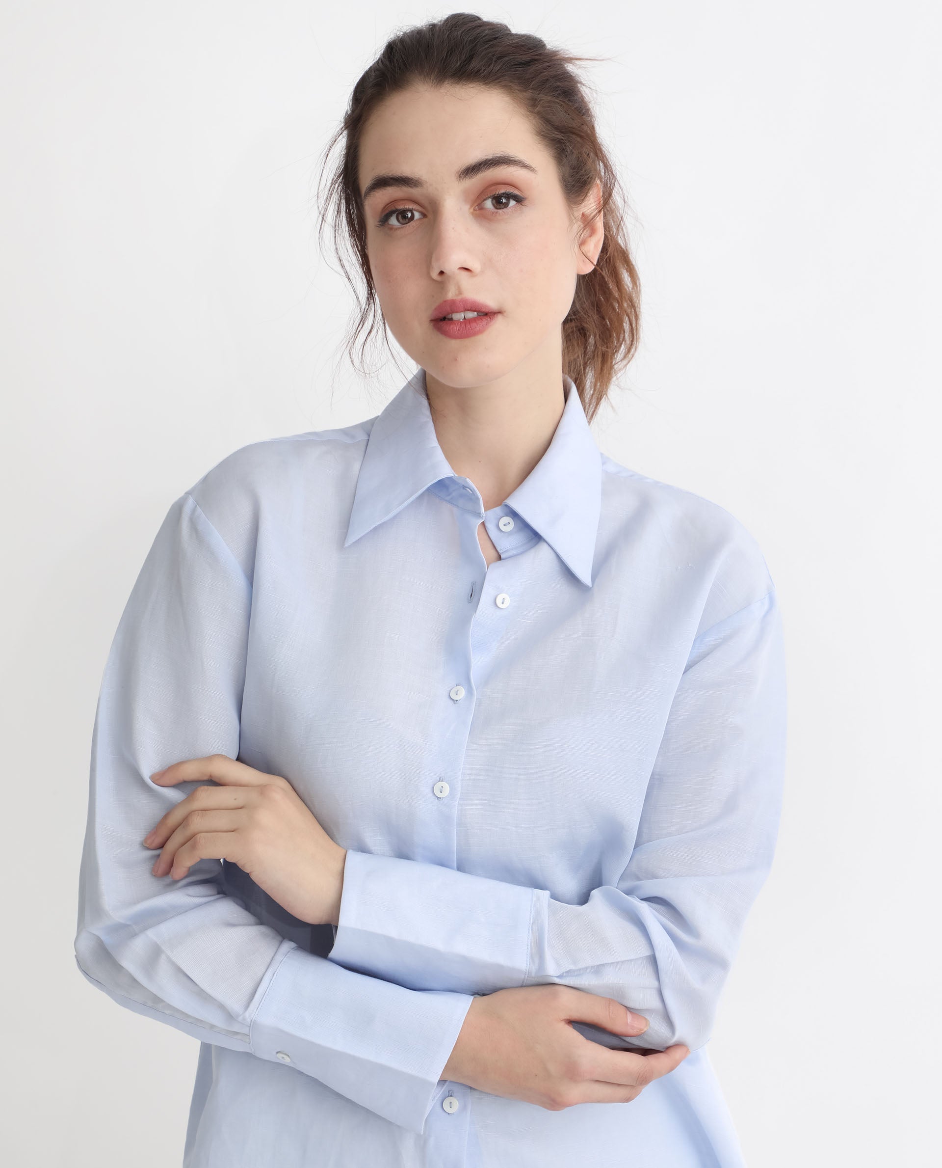 Rareism Women Harper Pastel Blue Modal Fabric Regular Sleeve Shirt Collar Solid Shirt