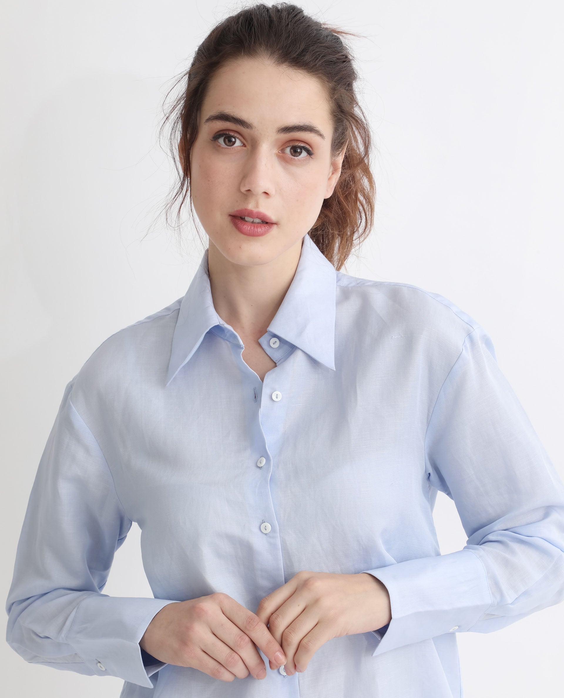 Rareism Women Harper Pastel Blue Modal Fabric Regular Sleeve Shirt Collar Solid Shirt