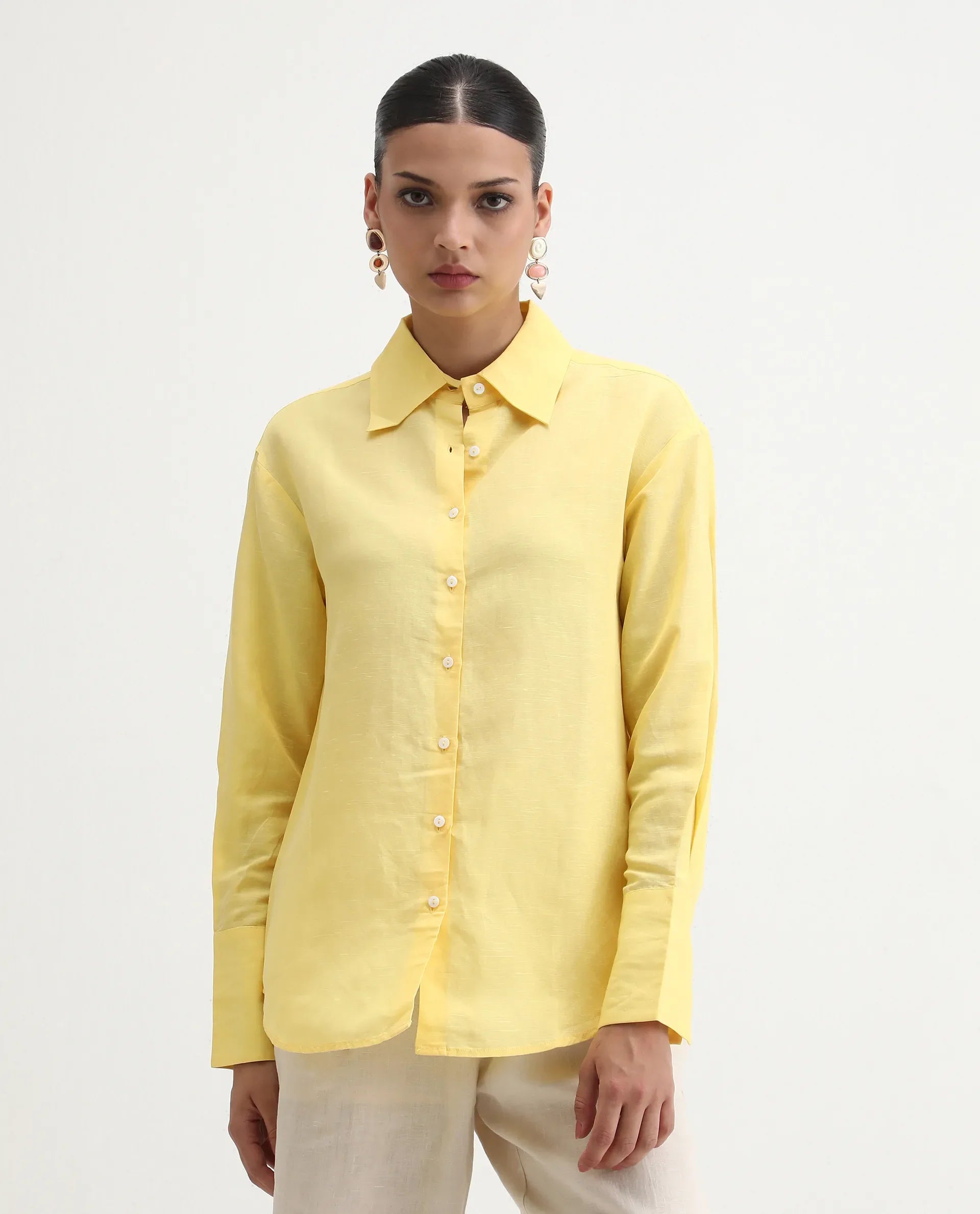 Rareism Women's Harper Yellow Linen Spread Collar Plain Regular Fit Shirt