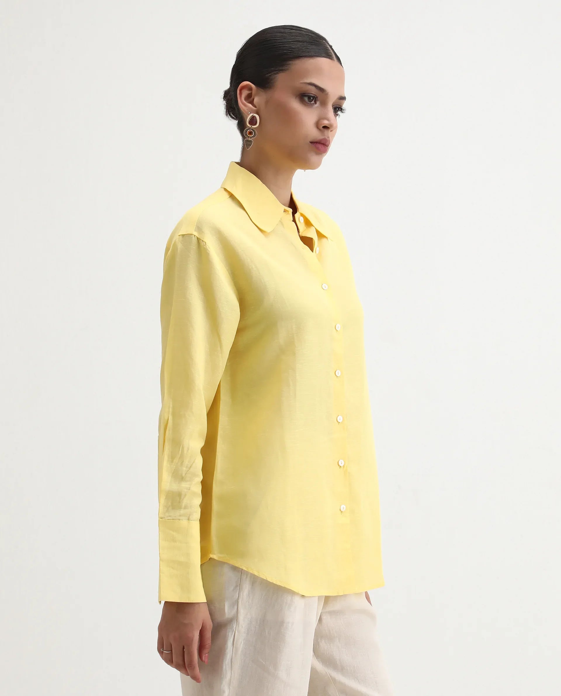 Rareism Women's Harper Yellow Linen Spread Collar Plain Regular Fit Shirt