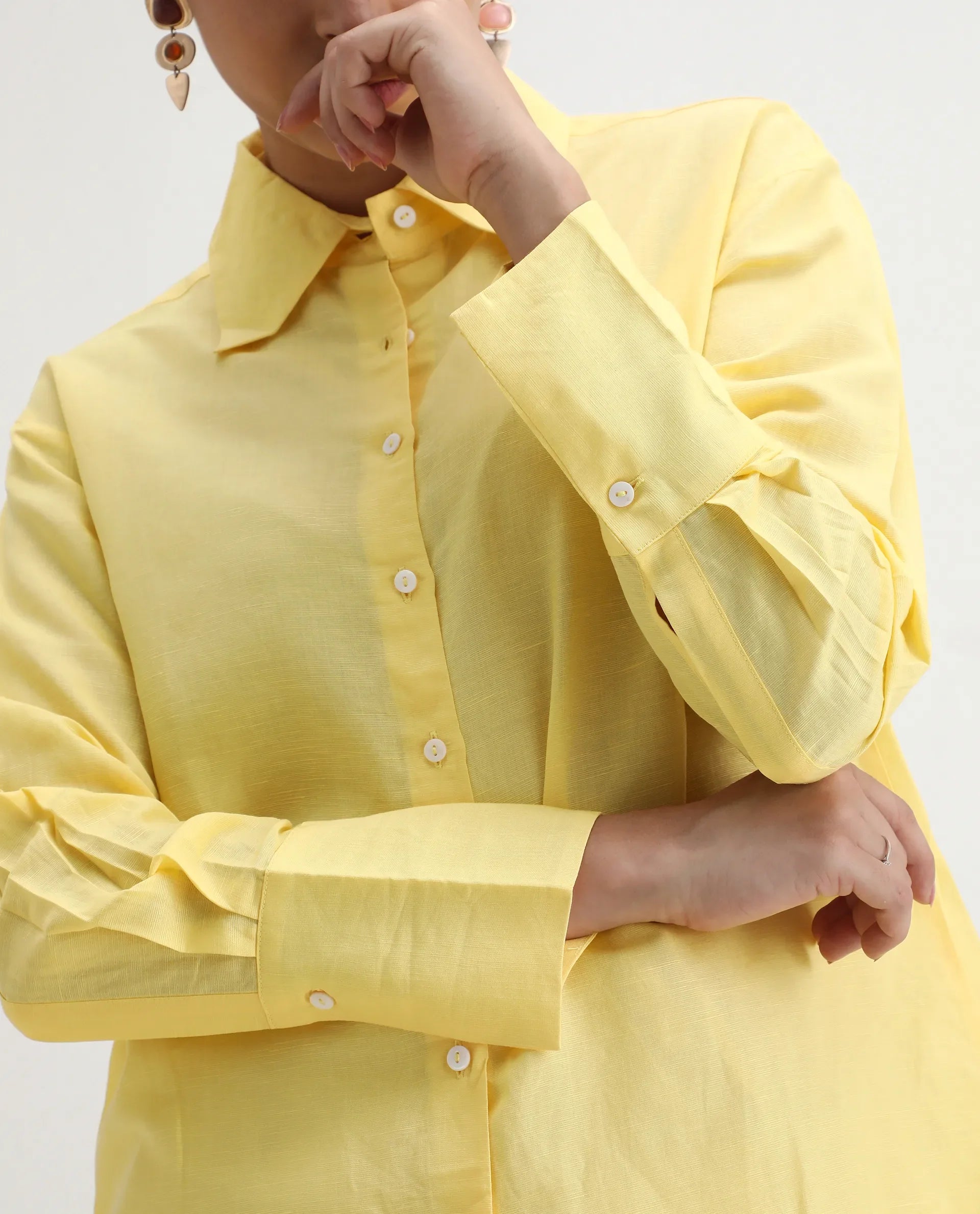 Rareism Women's Harper Yellow Linen Spread Collar Plain Regular Fit Shirt
