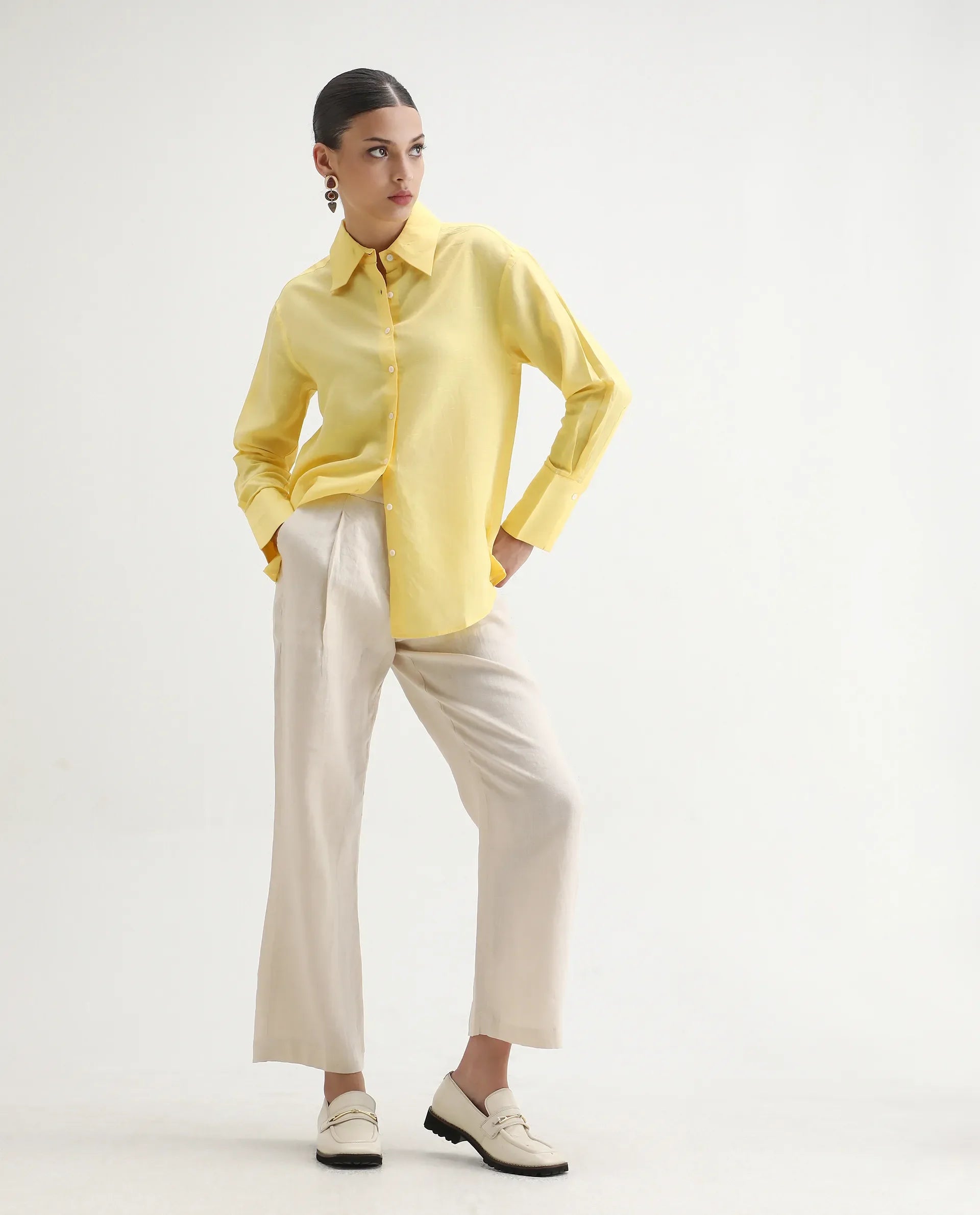 Rareism Women's Harper Yellow Linen Spread Collar Plain Regular Fit Shirt