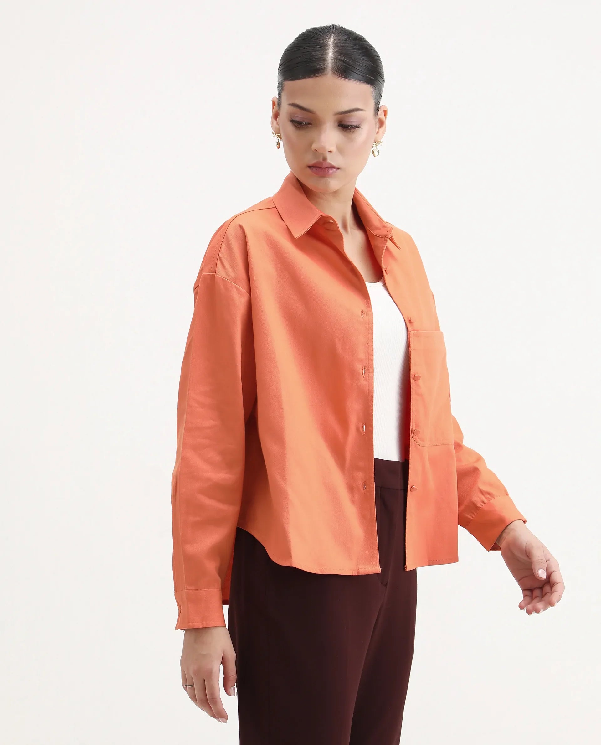 Rareism Women's Harrila Orange Cotton Drop Collar Plain Cuffed Sleeve Regular Fit Shirt