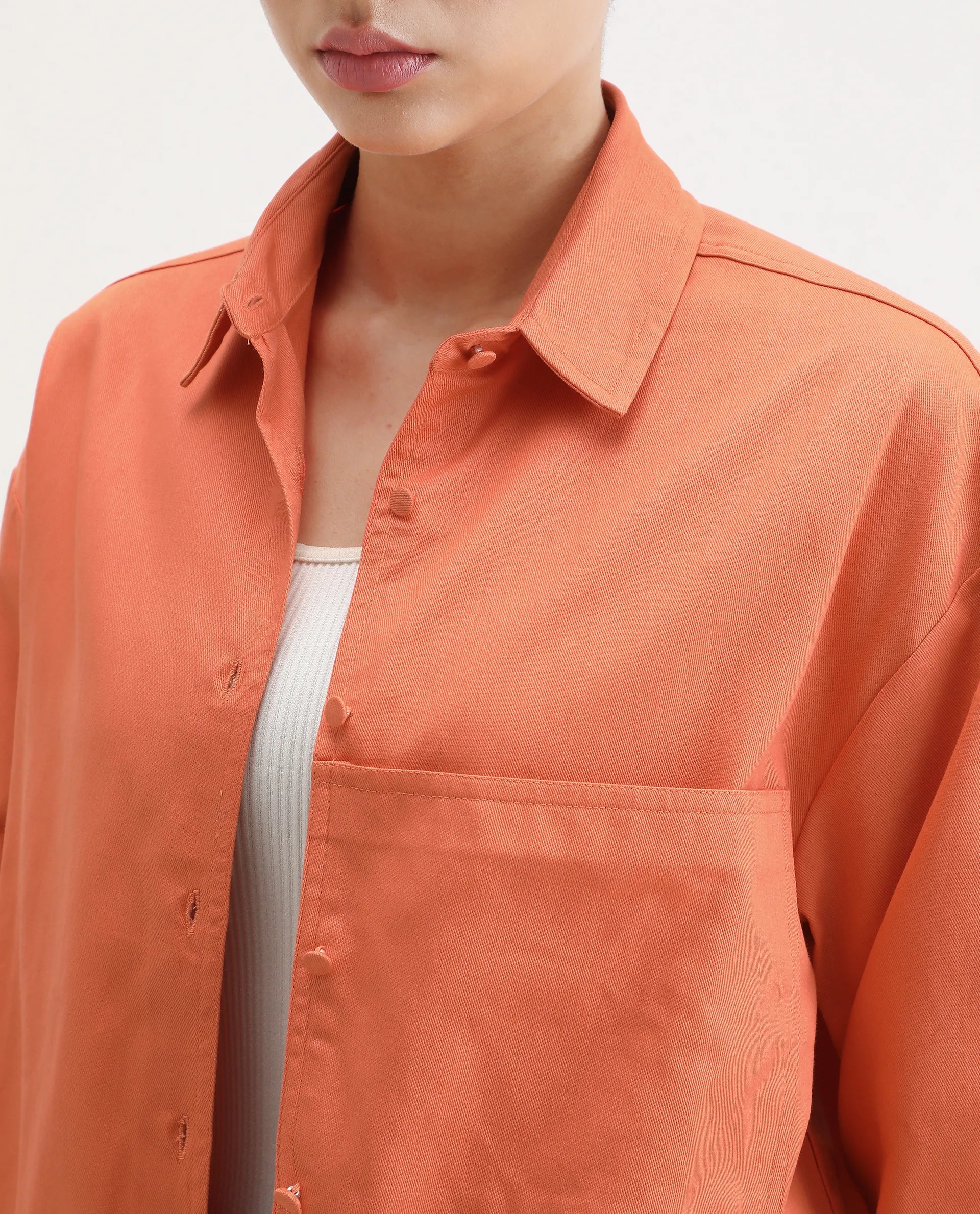 Rareism Women's Harrila Orange Cotton Drop Collar Plain Cuffed Sleeve Regular Fit Shirt