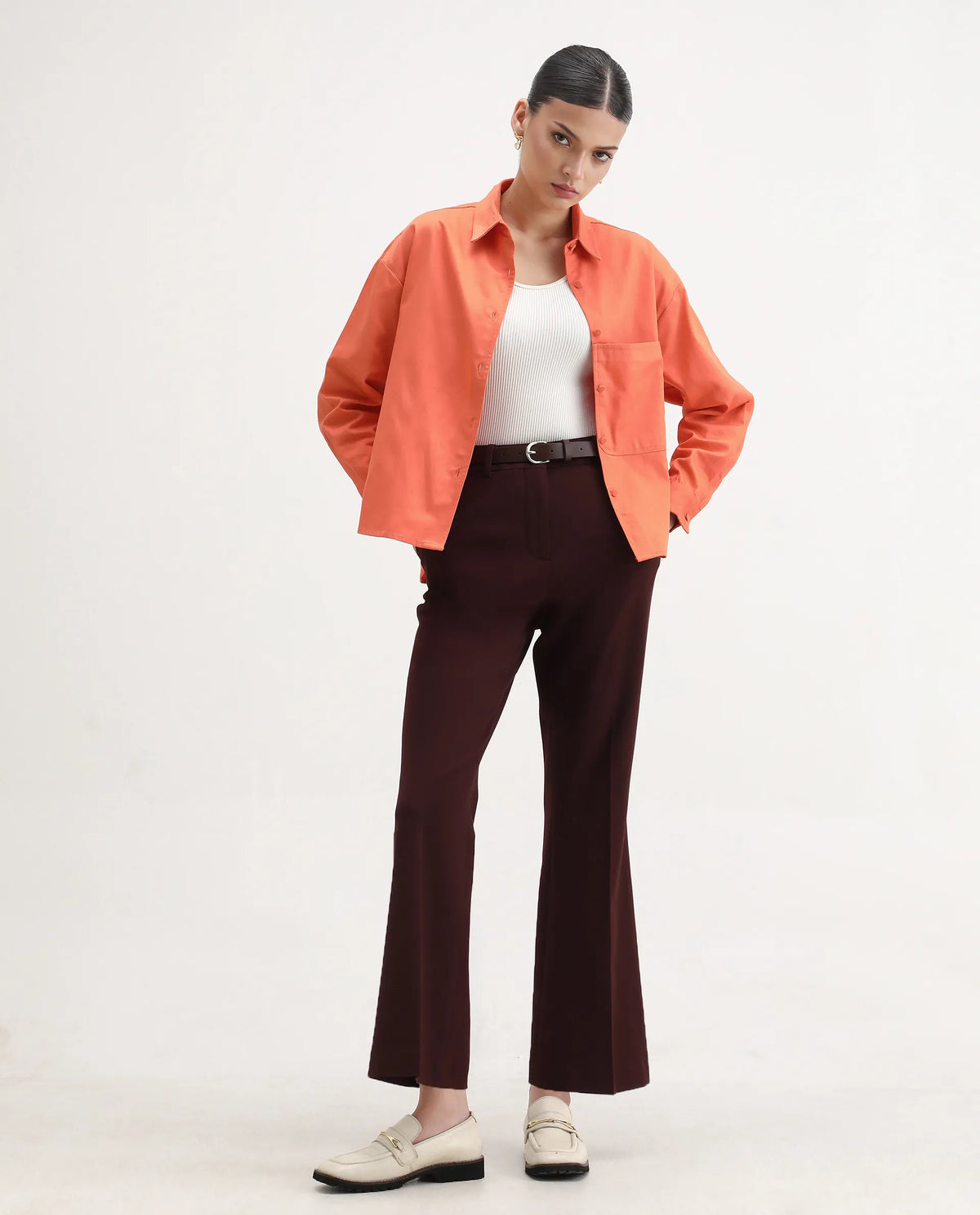 Rareism Women's Harrila Orange Cotton Drop Collar Plain Cuffed Sleeve Regular Fit Shirt
