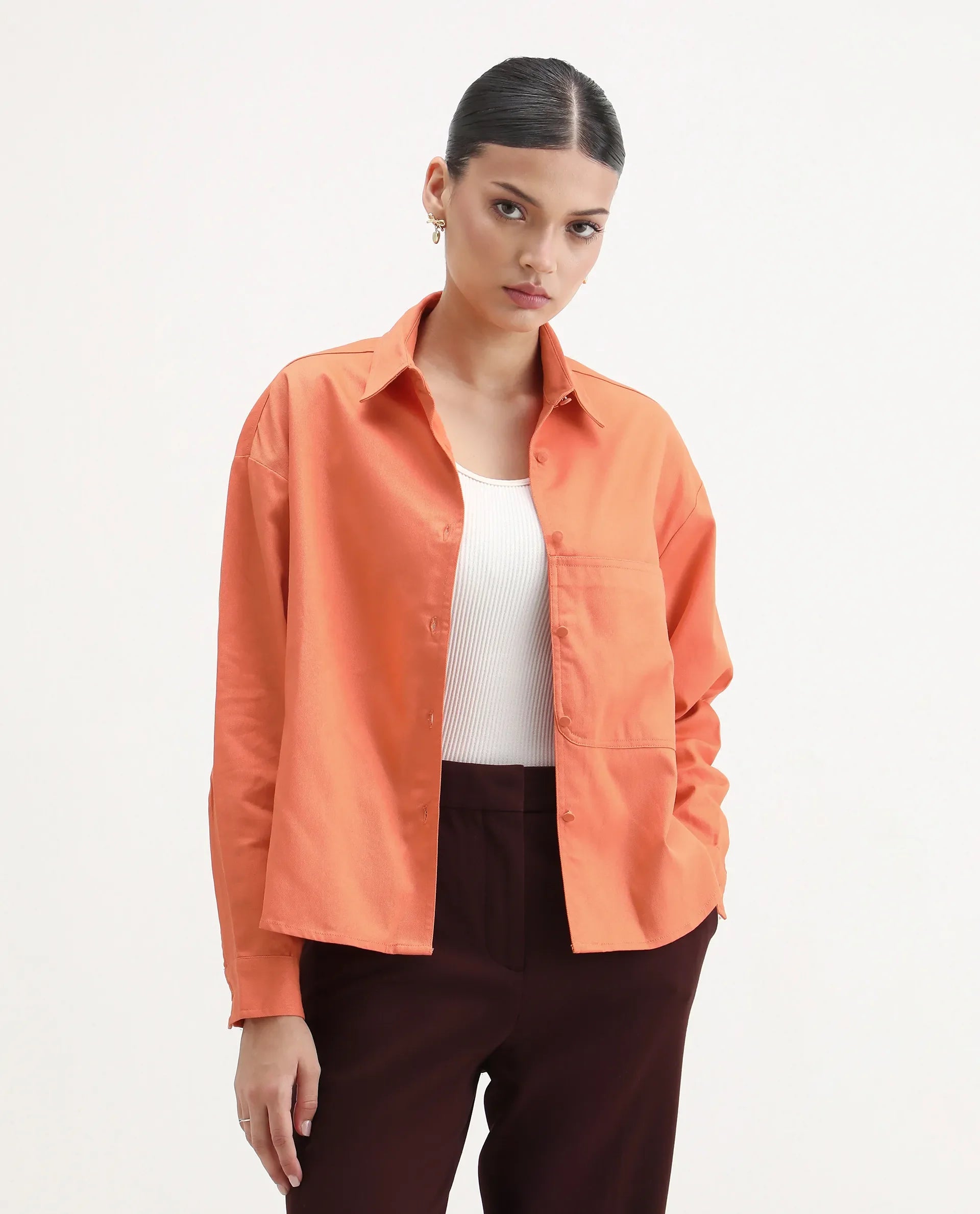 Rareism Women's Harrila Orange Cotton Drop Collar Plain Cuffed Sleeve Regular Fit Shirt