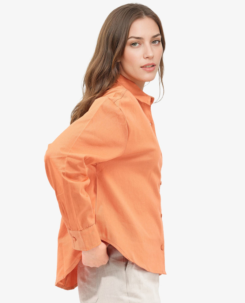 Rareism Women Harrila Orange Cotton Fabric Collared Neck Solid Regular Fit Shirt