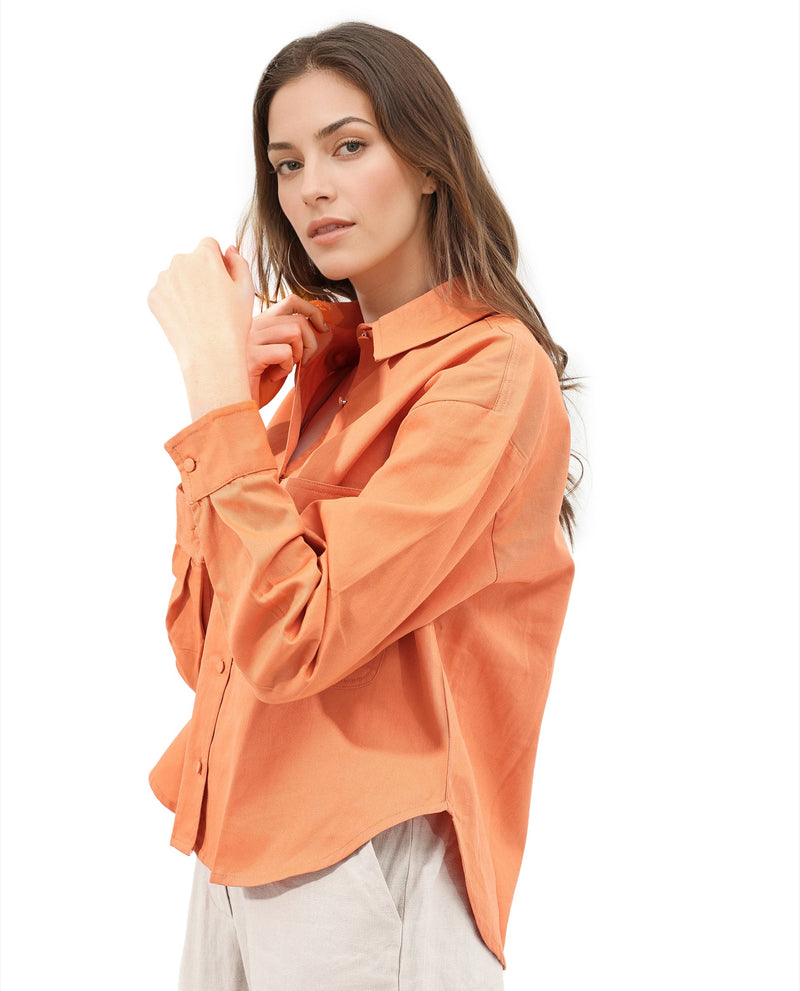 Rareism Women Harrila Orange Cotton Fabric Collared Neck Solid Regular Fit Shirt